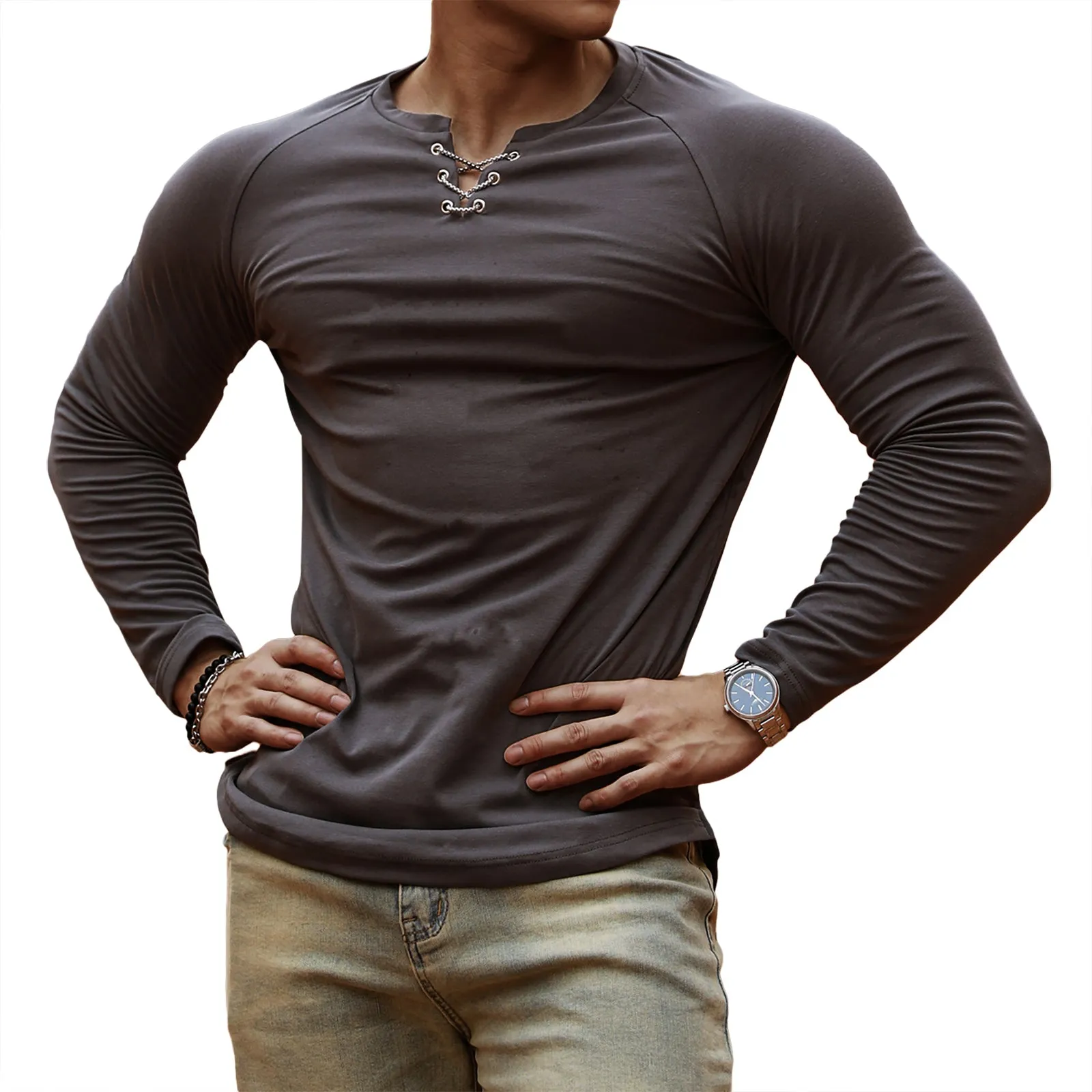 100% COTTON HENLEY RAGLAN LONG SLEEVE T-SHIRT