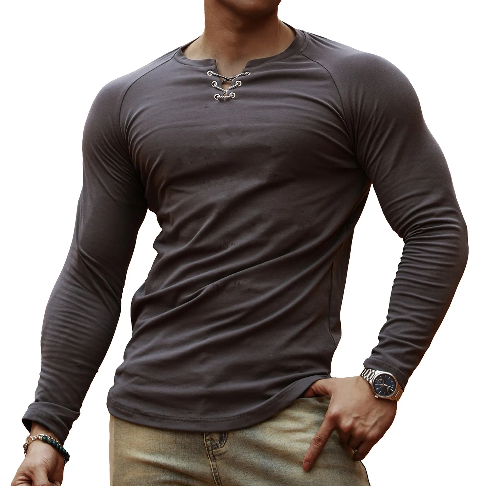 100% COTTON HENLEY RAGLAN LONG SLEEVE T-SHIRT