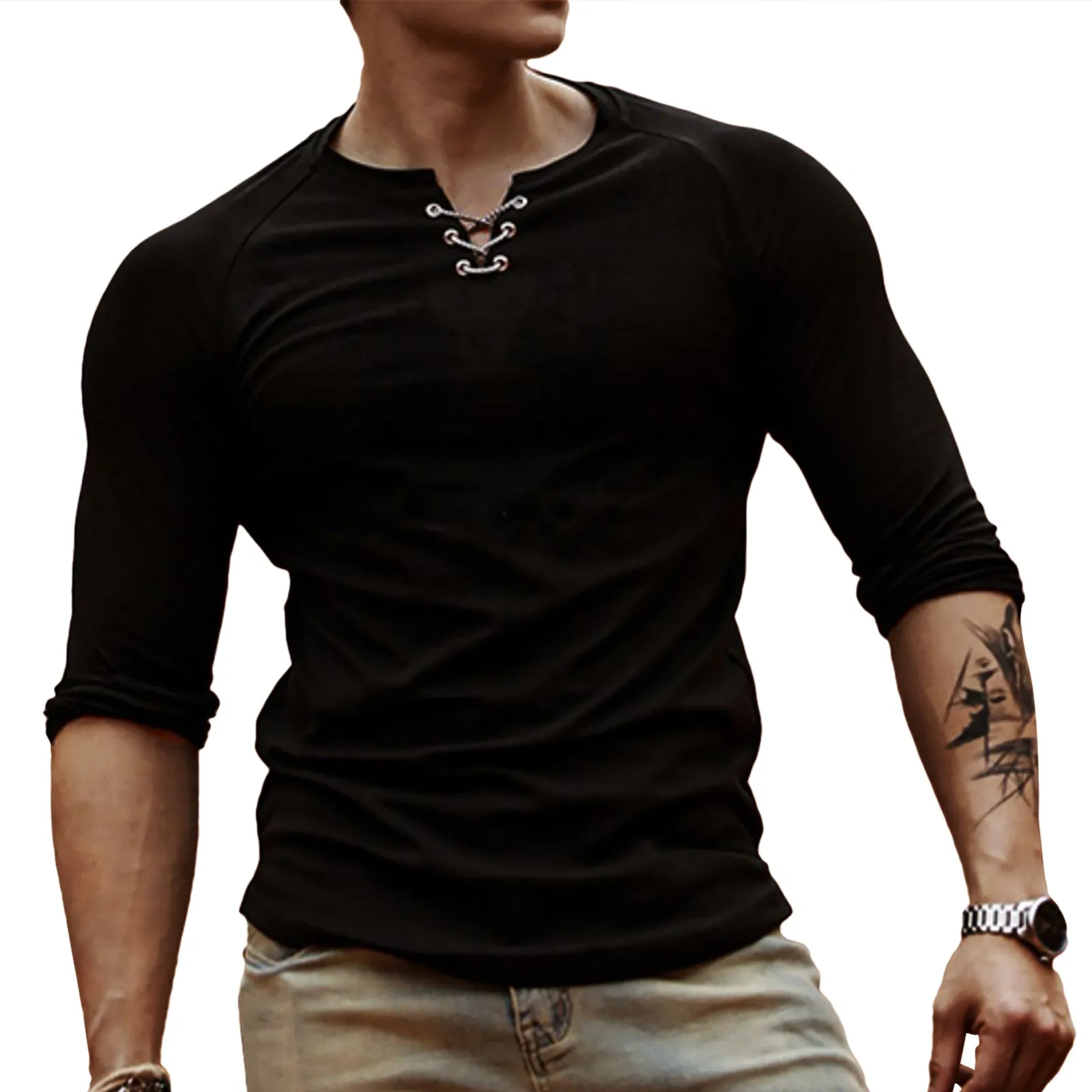 100% COTTON HENLEY RAGLAN LONG SLEEVE T-SHIRT