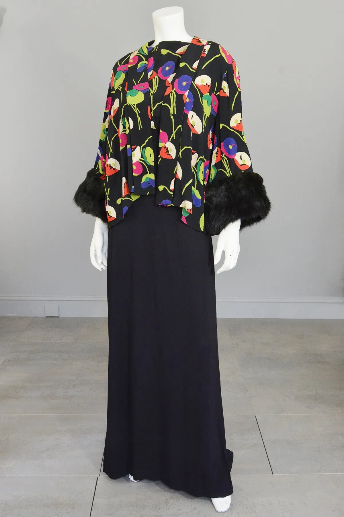 1930s Rayon Crepe Poppy Print Open Keyhole Plunge Back Gown and Matching Kimono Jacket