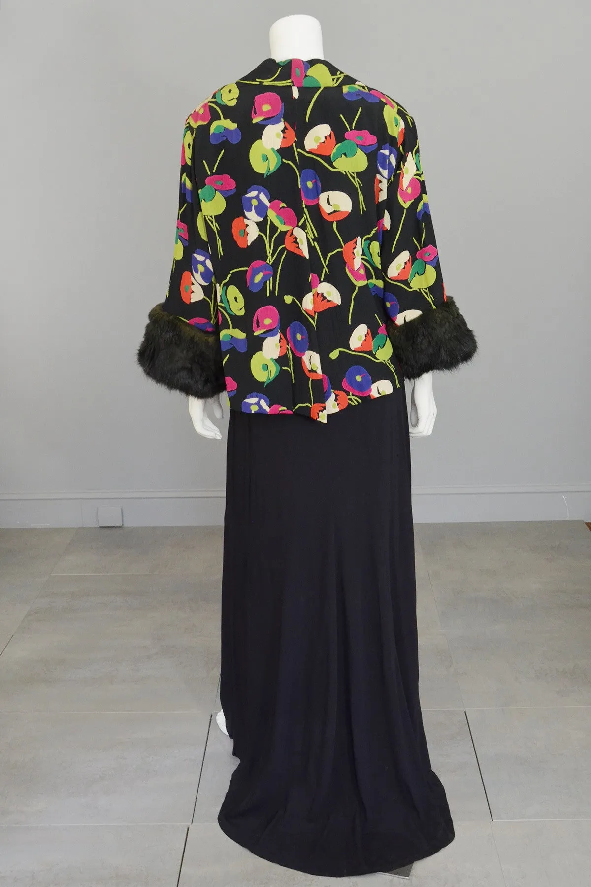 1930s Rayon Crepe Poppy Print Open Keyhole Plunge Back Gown and Matching Kimono Jacket