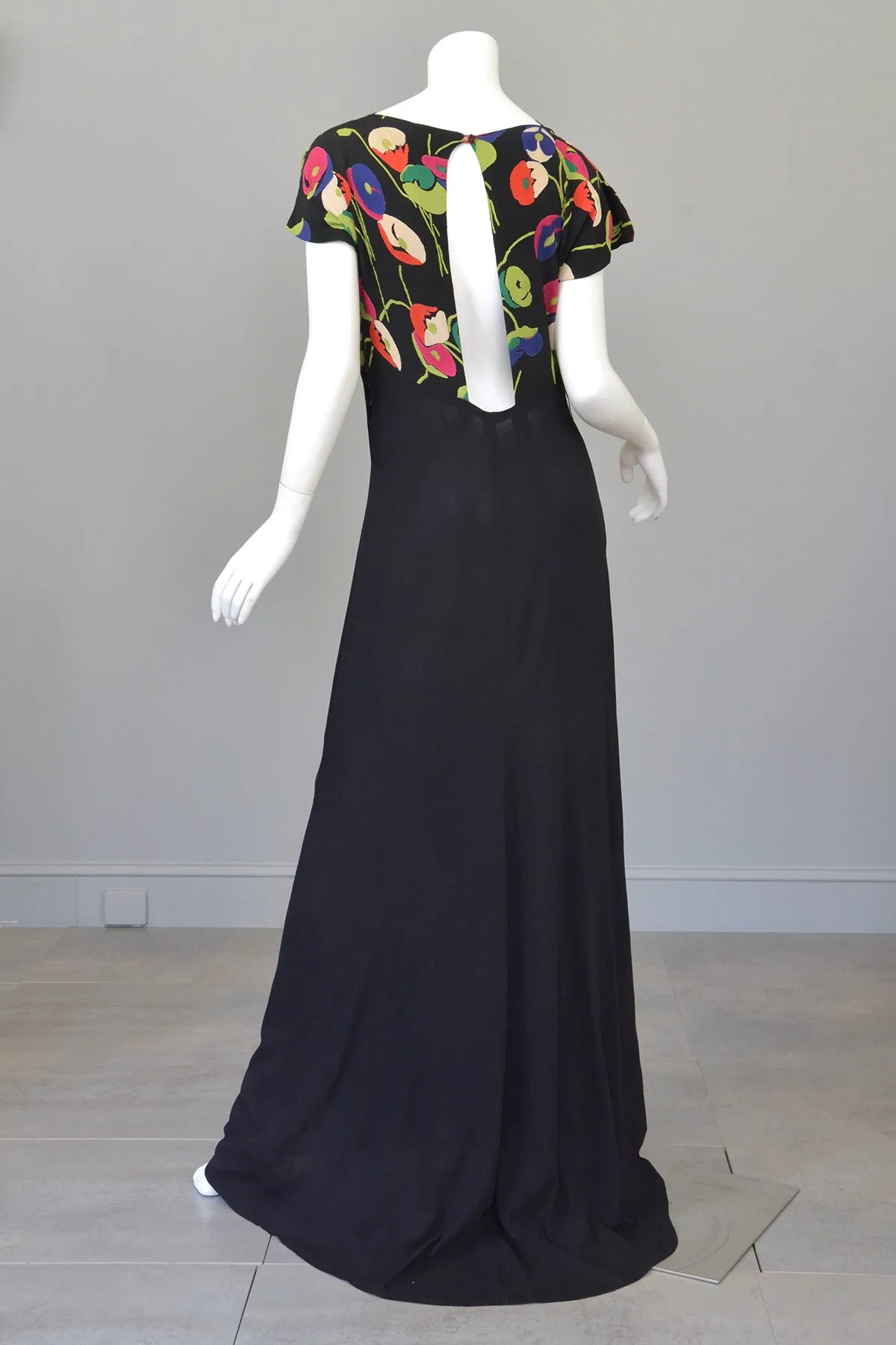 1930s Rayon Crepe Poppy Print Open Keyhole Plunge Back Gown and Matching Kimono Jacket