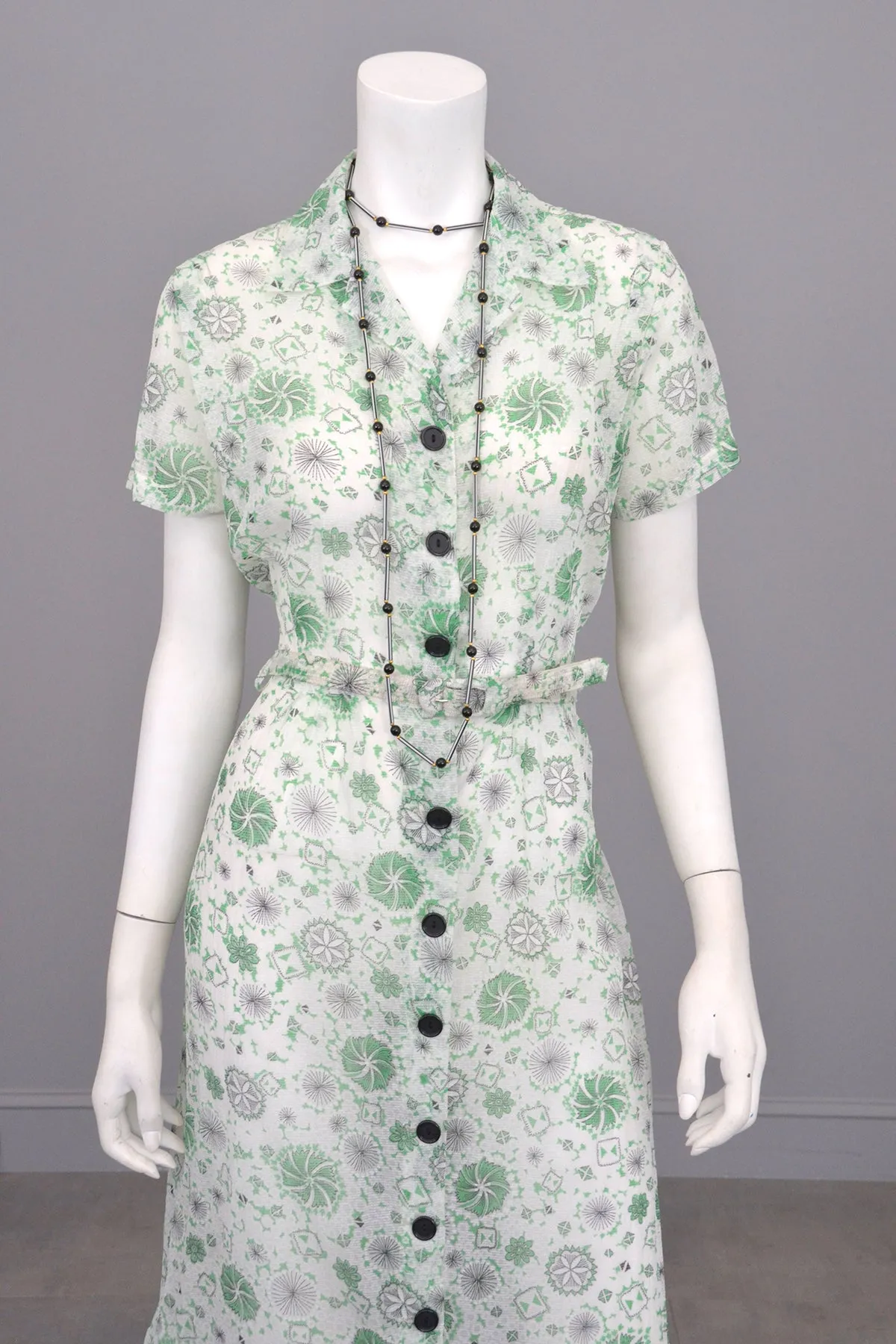 1940s White Sheer 'Seersucker' Spider Web Atomic Print Dress | 1940s Dress