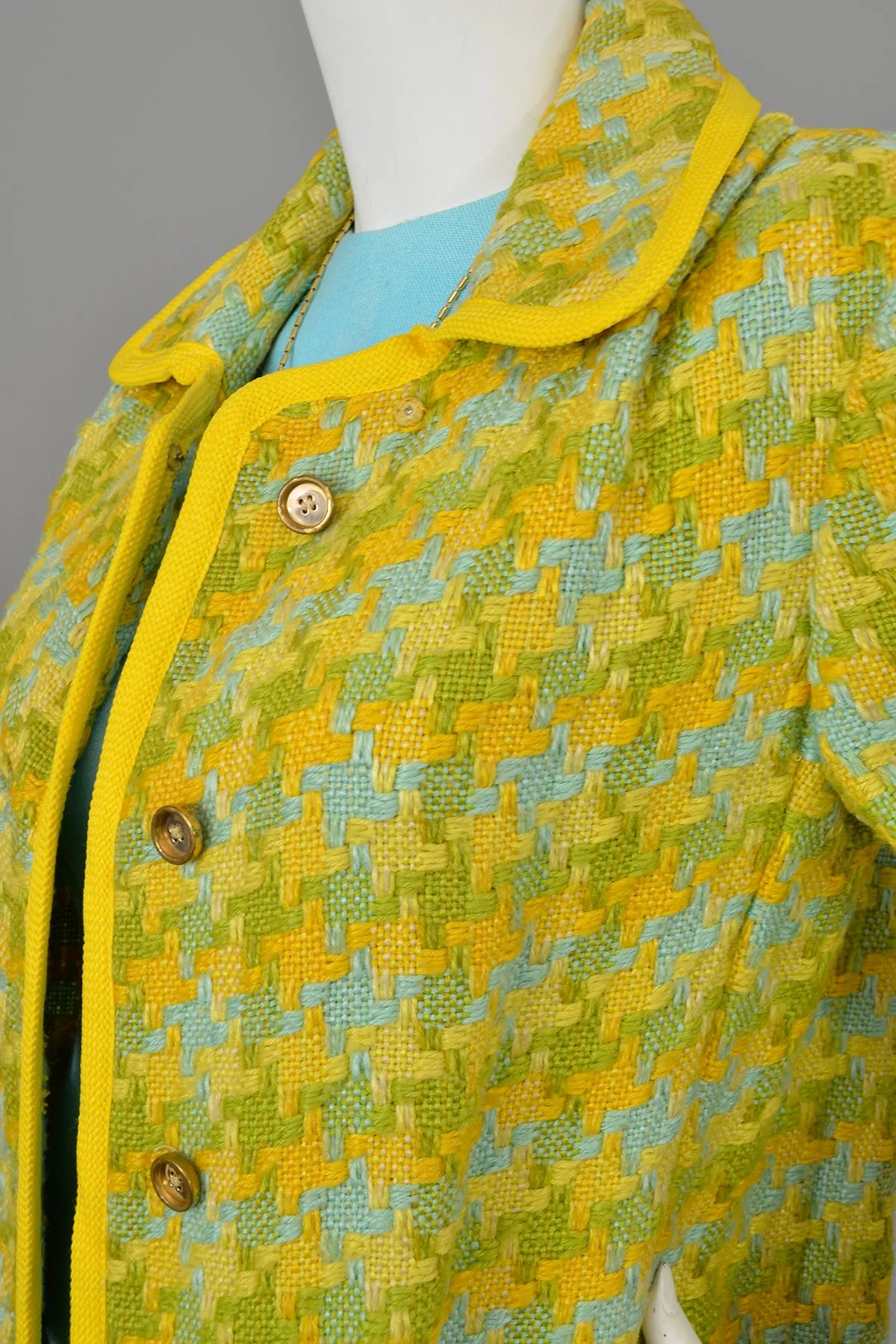 1970s Aqua, Gold, Olive Woven Puzzle Pieces Duster Coat