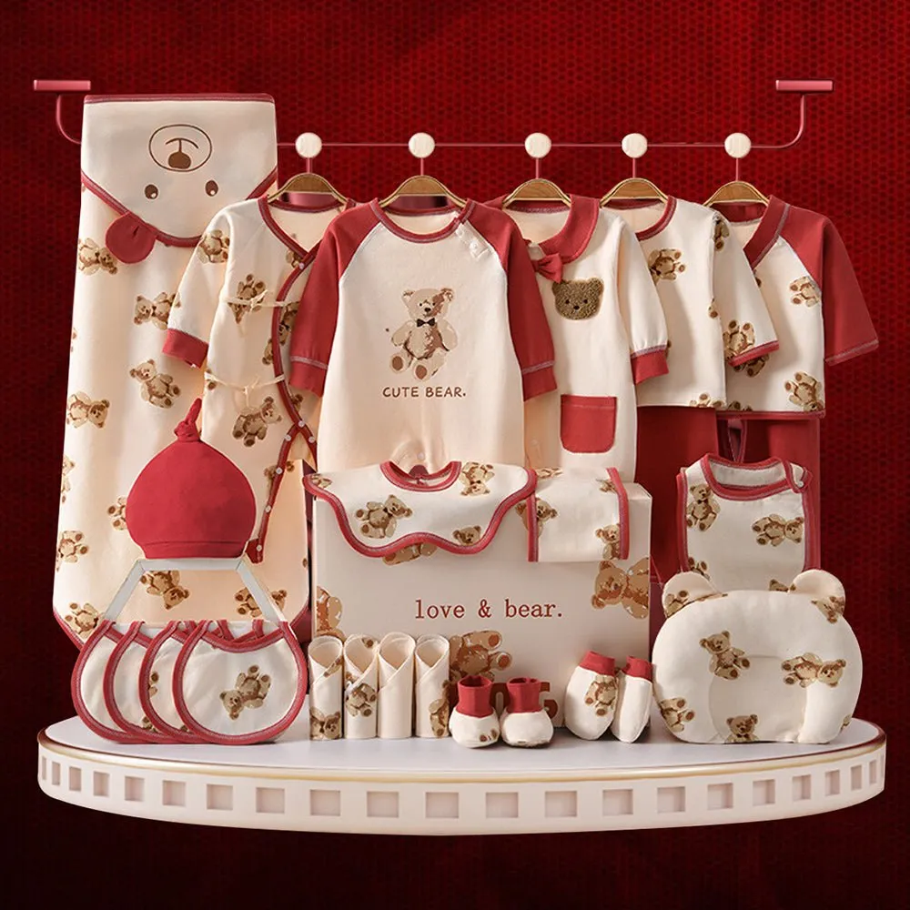 26pcs Cream & Maroon Teddy Love , New born Baby Girl/Boy Gift Hamper all Season wear Clothes Gift Hamper Box, (0-6months)