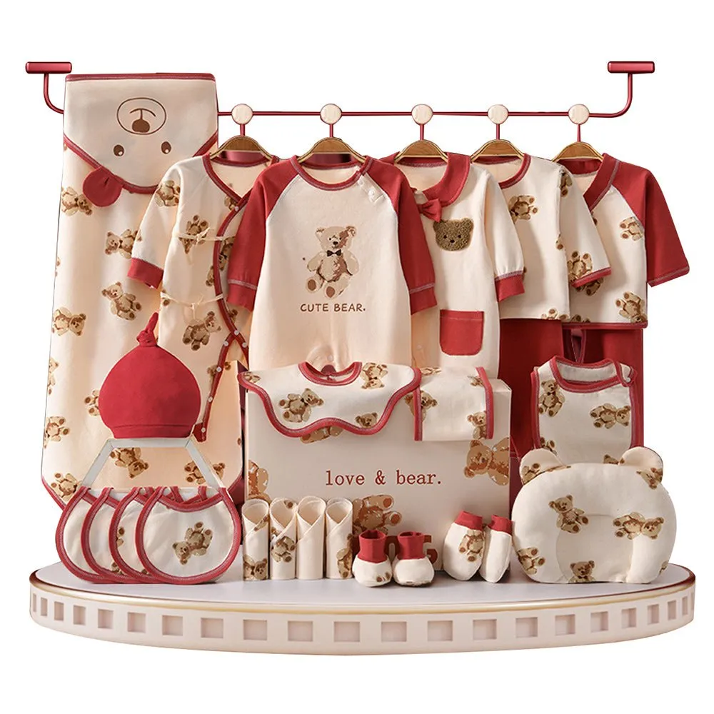 26pcs Cream & Maroon Teddy Love , New born Baby Girl/Boy Gift Hamper all Season wear Clothes Gift Hamper Box, (0-6months)