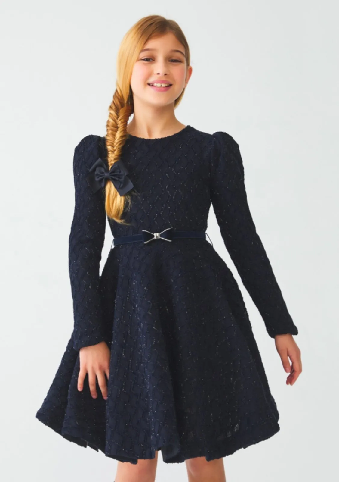 Abel & Lula Girls Navy Long Sleeve Jacquard Sparkle Knit Dress