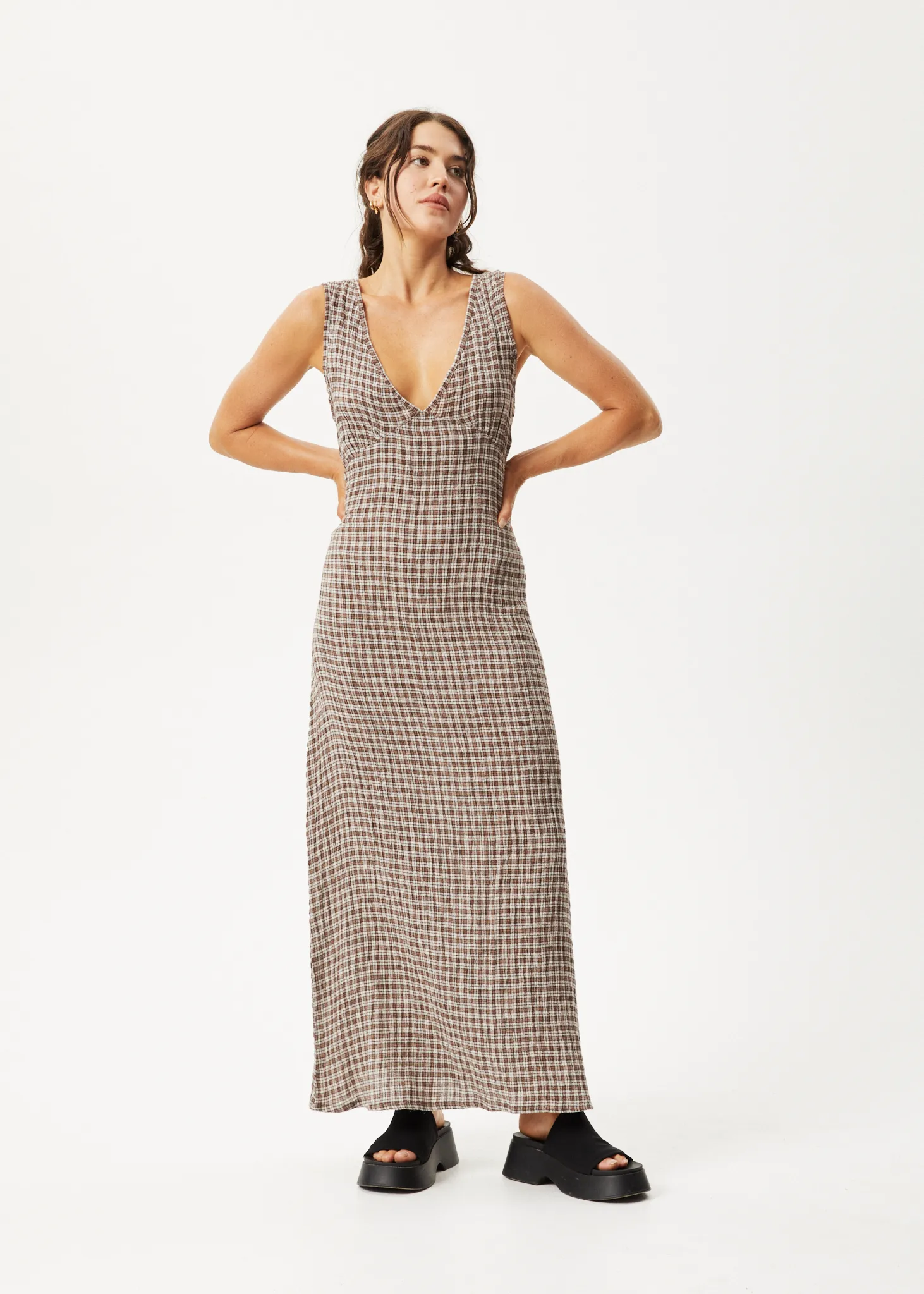 AFENDS Womens Base - Seersucker Check Maxi Dress - Coffee Check