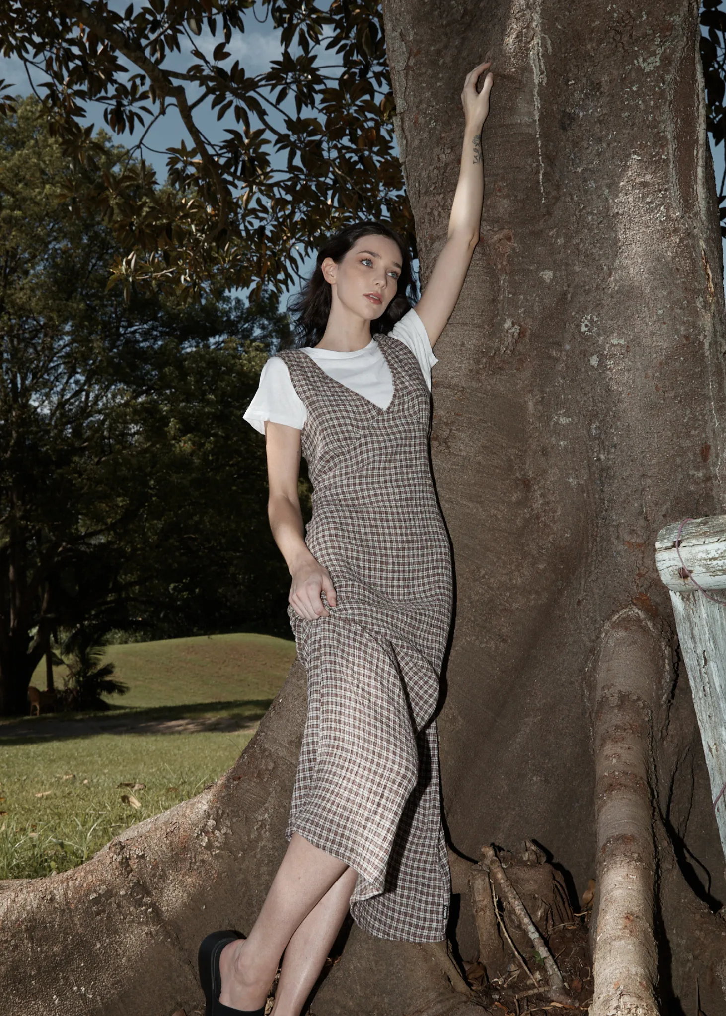 AFENDS Womens Base - Seersucker Check Maxi Dress - Coffee Check