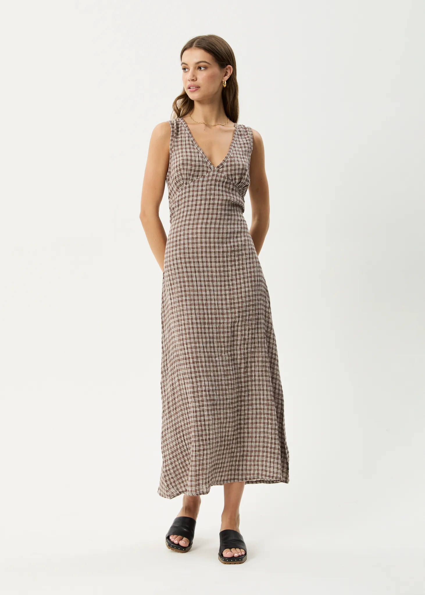 AFENDS Womens Base - Seersucker Check Maxi Dress - Coffee Check