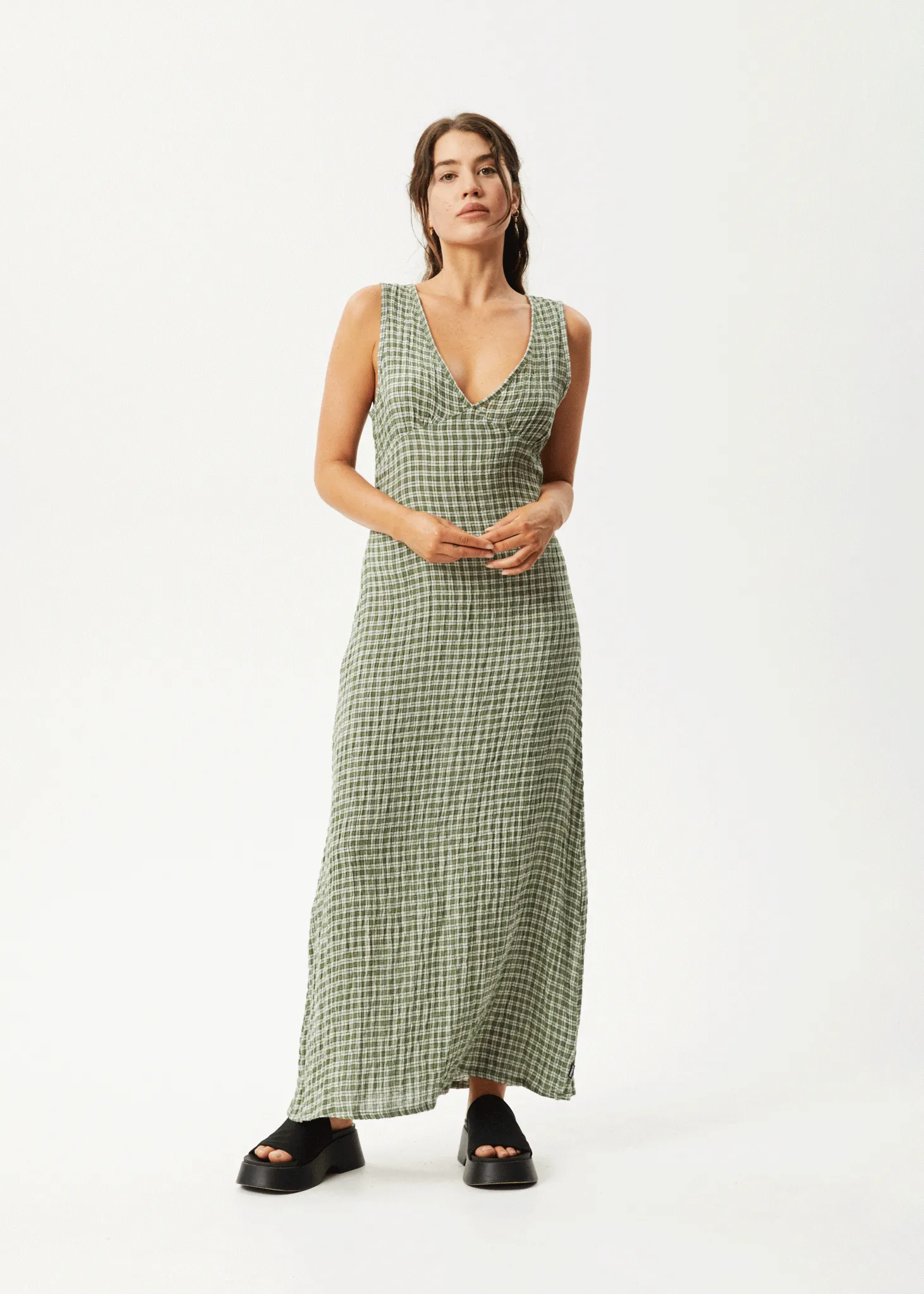 AFENDS Womens Base - Seersucker Check Maxi Dress - Deep Green Check