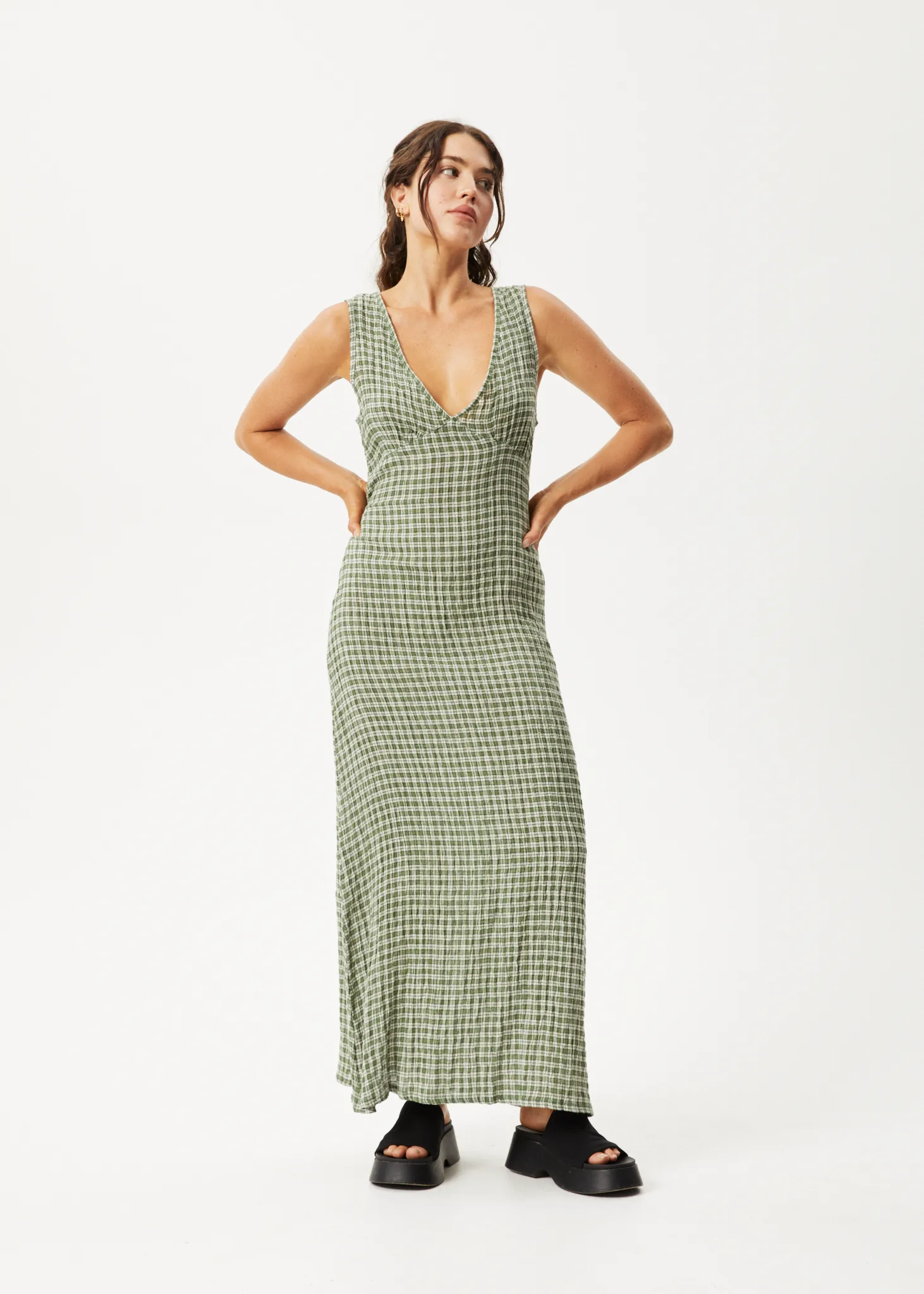 AFENDS Womens Base - Seersucker Check Maxi Dress - Deep Green Check