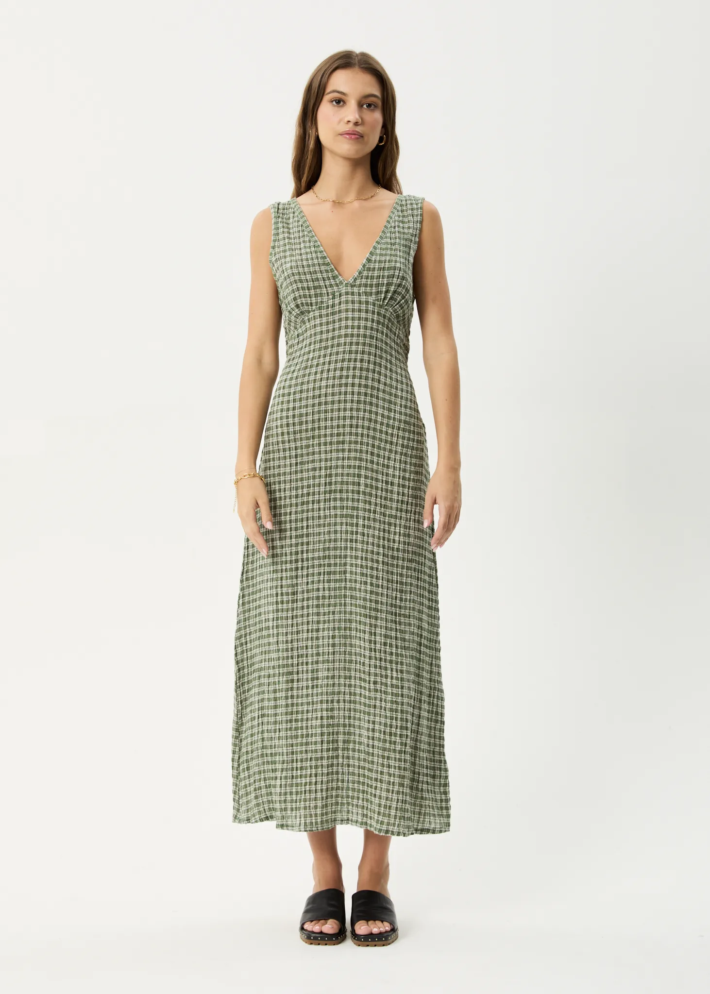 AFENDS Womens Base - Seersucker Check Maxi Dress - Deep Green Check