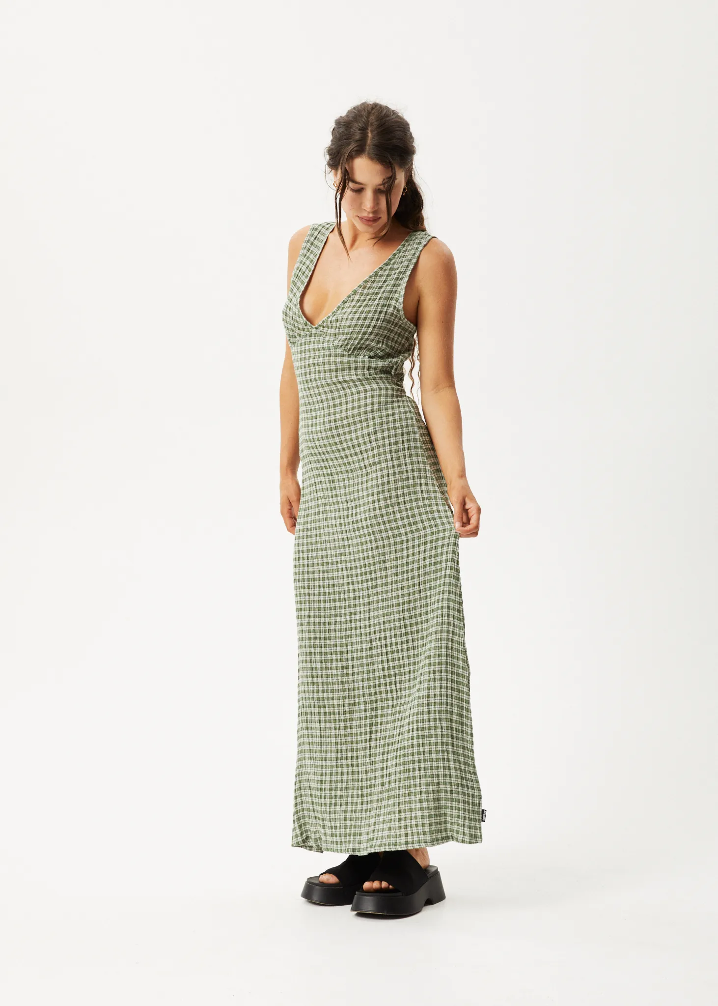 AFENDS Womens Base - Seersucker Check Maxi Dress - Deep Green Check