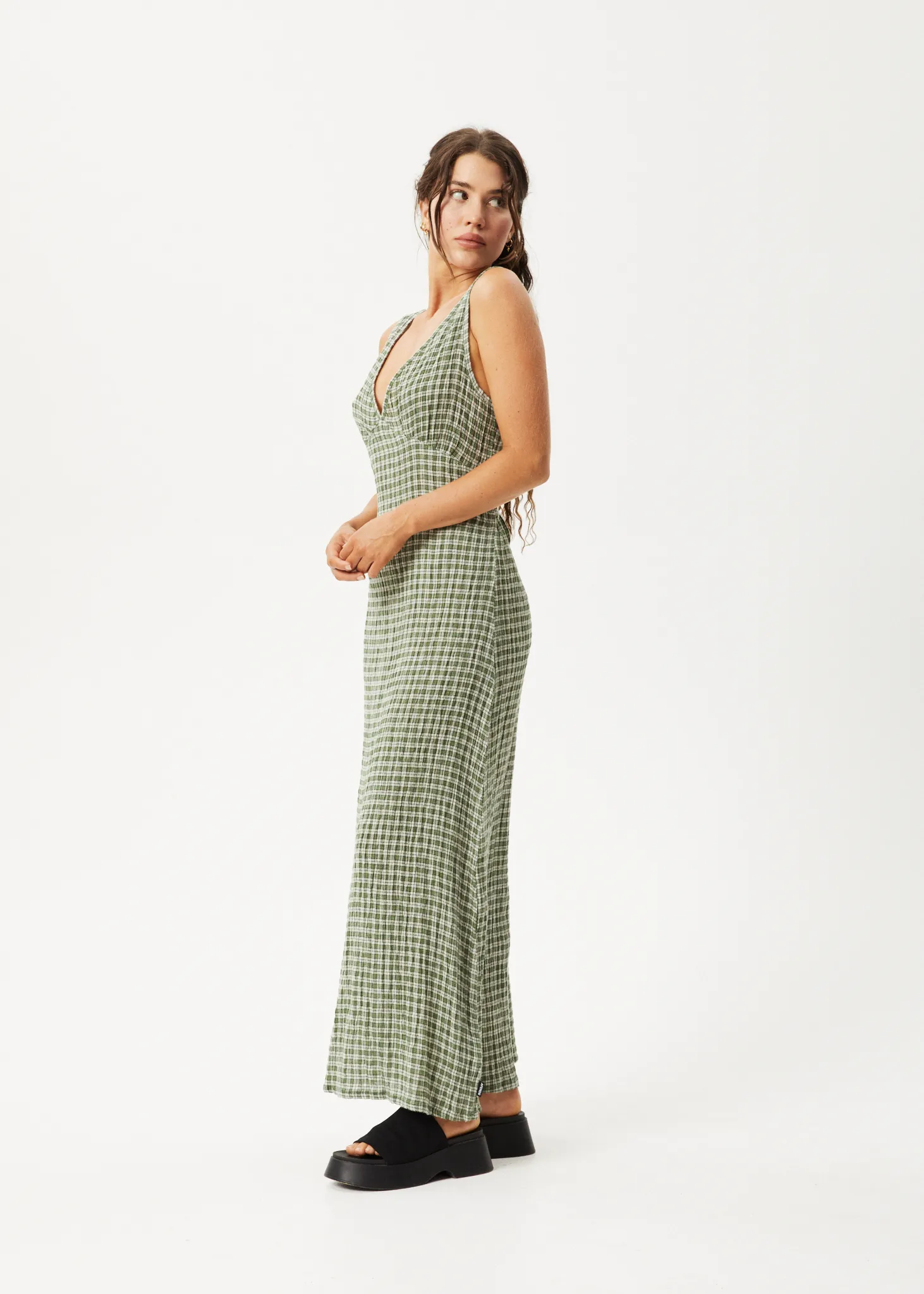 AFENDS Womens Base - Seersucker Check Maxi Dress - Deep Green Check