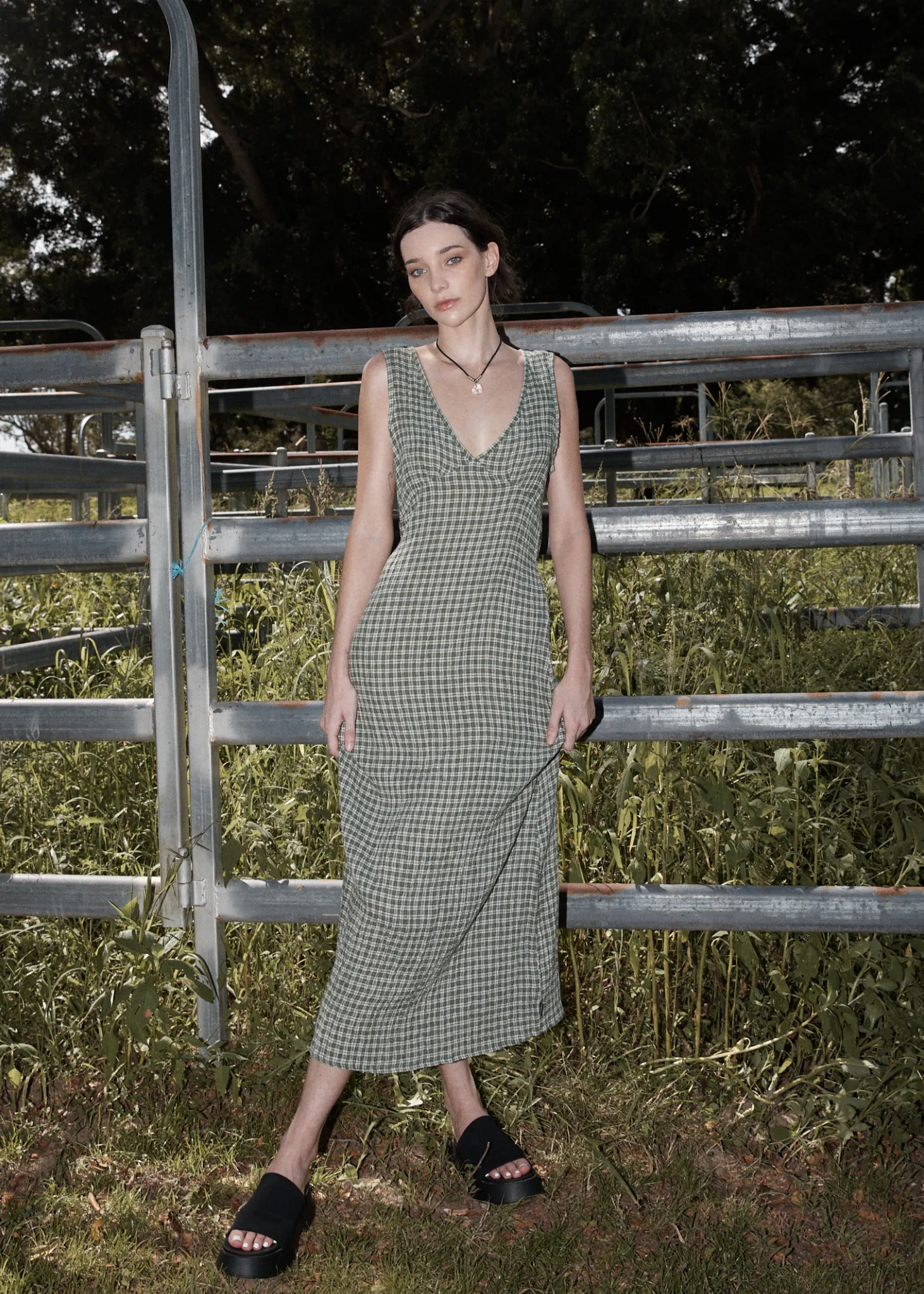 AFENDS Womens Base - Seersucker Check Maxi Dress - Deep Green Check