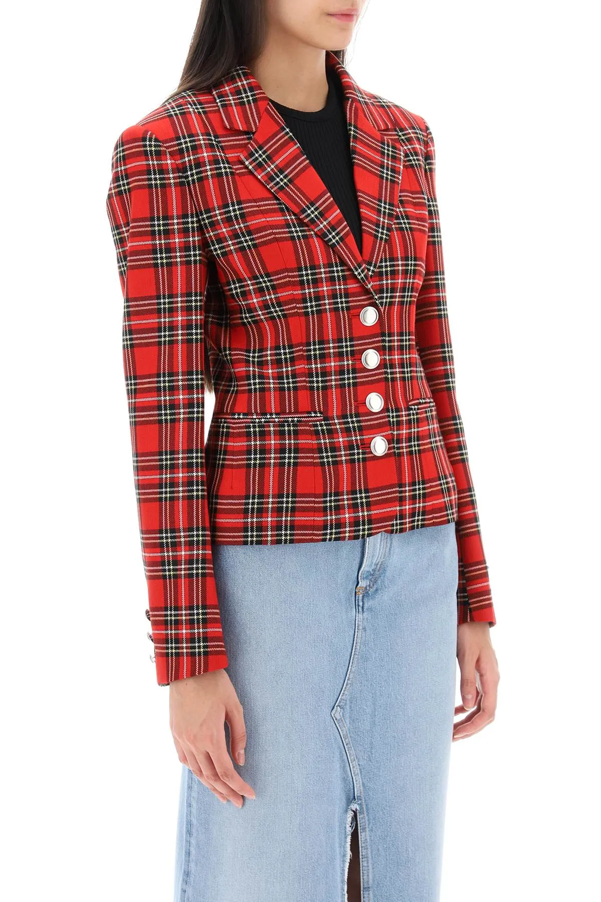 Alessandra Rich Wool Single-Breasted Jacket With Tartan Motif