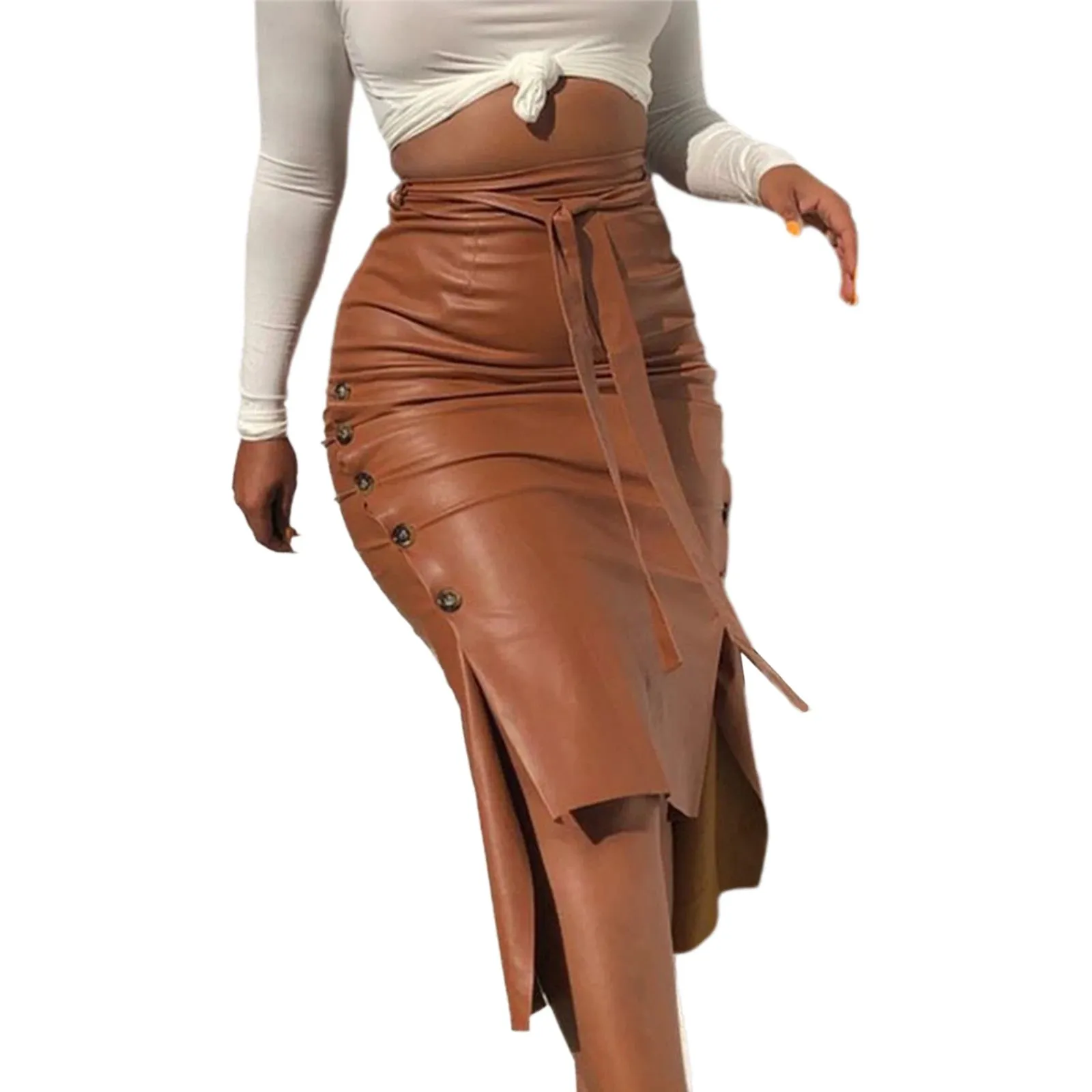 Amozae-Women Trendy PU Leather Midi Skirt Solid Color High Waist Lace-Up Side Button Ladies Slim Skinny Pencil Skirt Streetwear