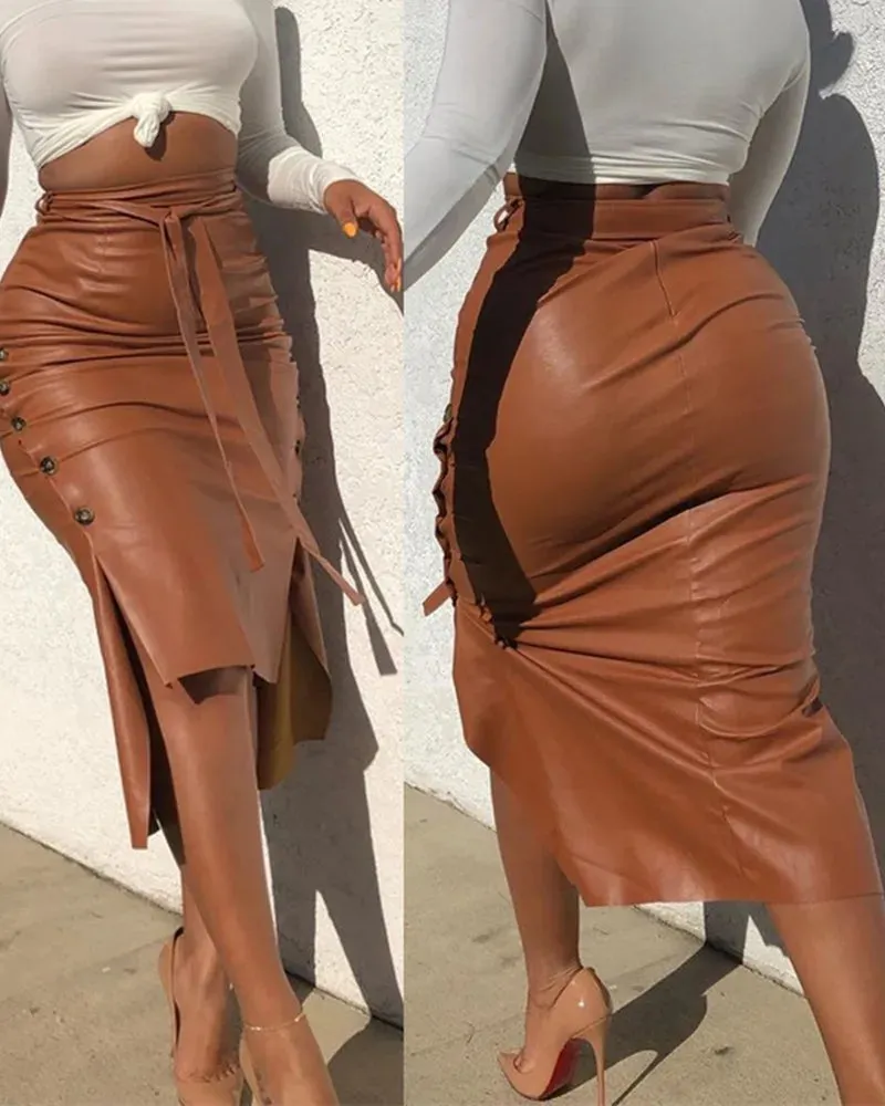 Amozae-Women Trendy PU Leather Midi Skirt Solid Color High Waist Lace-Up Side Button Ladies Slim Skinny Pencil Skirt Streetwear