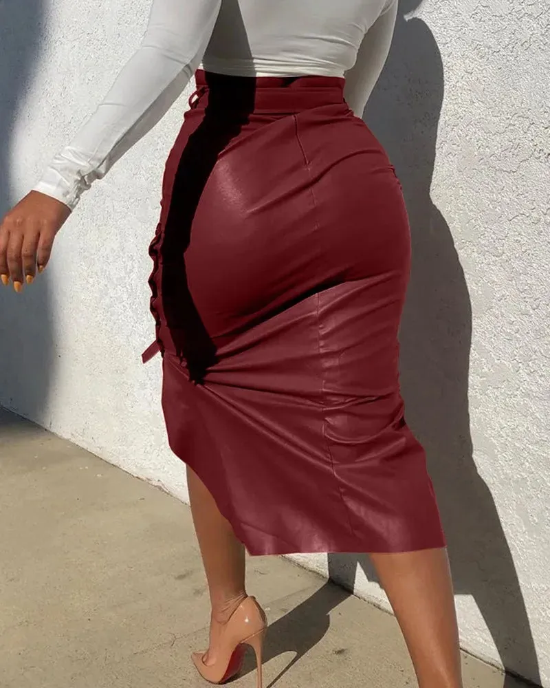 Amozae-Women Trendy PU Leather Midi Skirt Solid Color High Waist Lace-Up Side Button Ladies Slim Skinny Pencil Skirt Streetwear