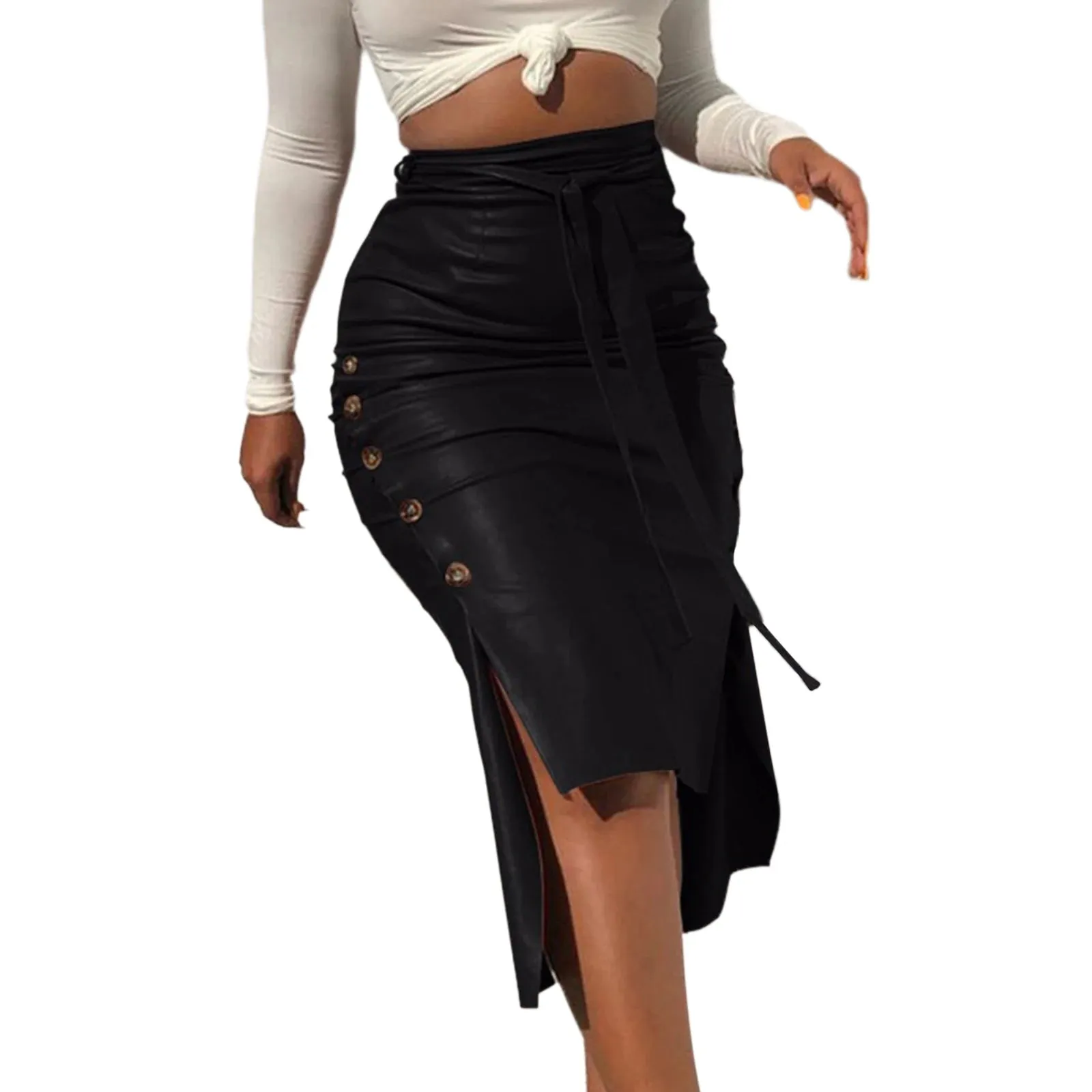 Amozae-Women Trendy PU Leather Midi Skirt Solid Color High Waist Lace-Up Side Button Ladies Slim Skinny Pencil Skirt Streetwear