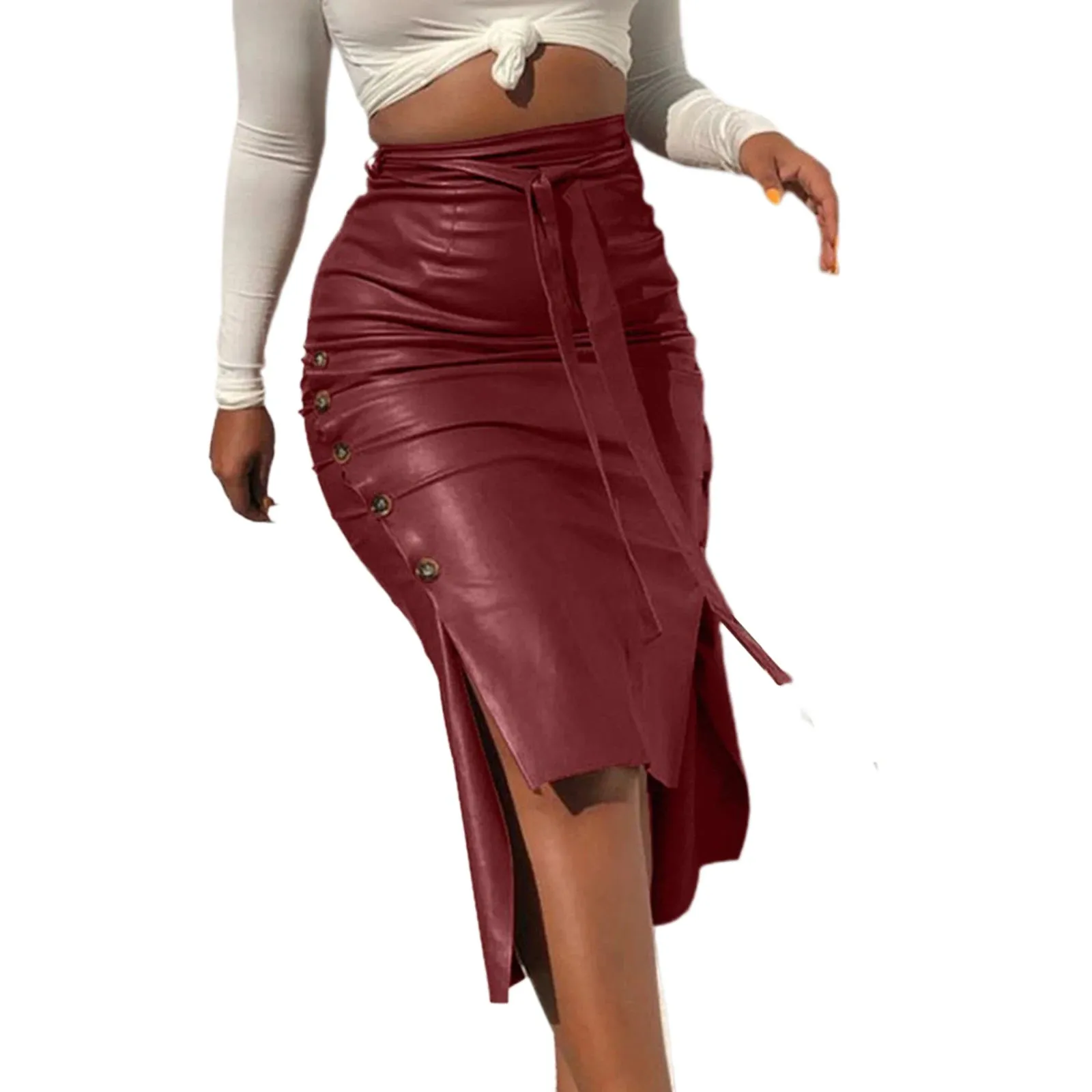 Amozae-Women Trendy PU Leather Midi Skirt Solid Color High Waist Lace-Up Side Button Ladies Slim Skinny Pencil Skirt Streetwear