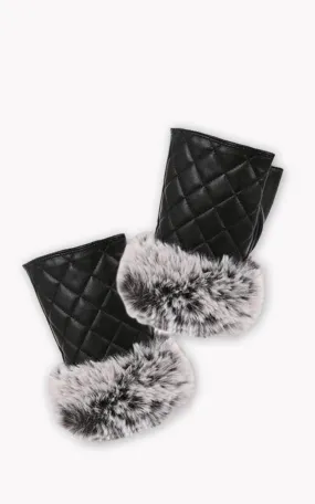 AO246 Black Quilted PU Leather Fingerless Glove w/Fur Trim (12prs Pack)