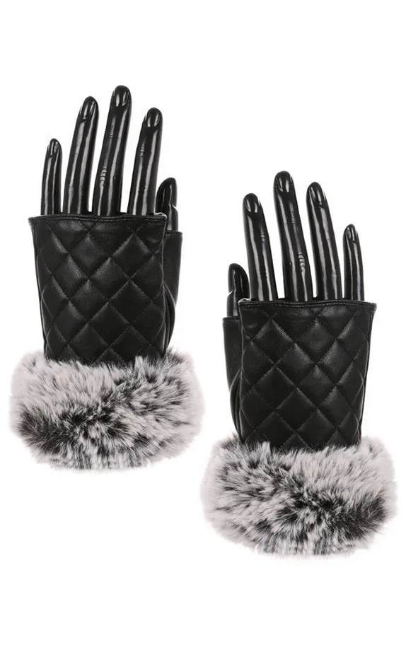 AO246 Black Quilted PU Leather Fingerless Glove w/Fur Trim (12prs Pack)