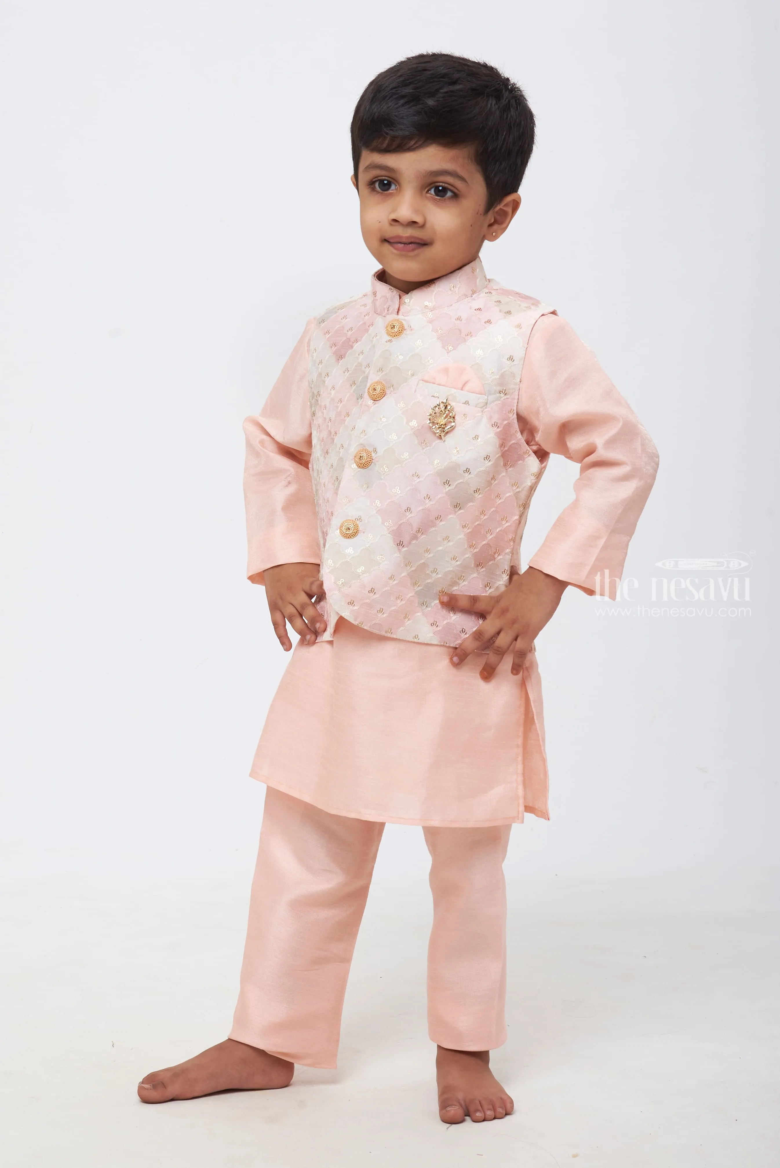 APS. Blush Elegance: Boys Soft Pink Kurta Shirt and Pant Set with Pastel Embroidered Overcoat