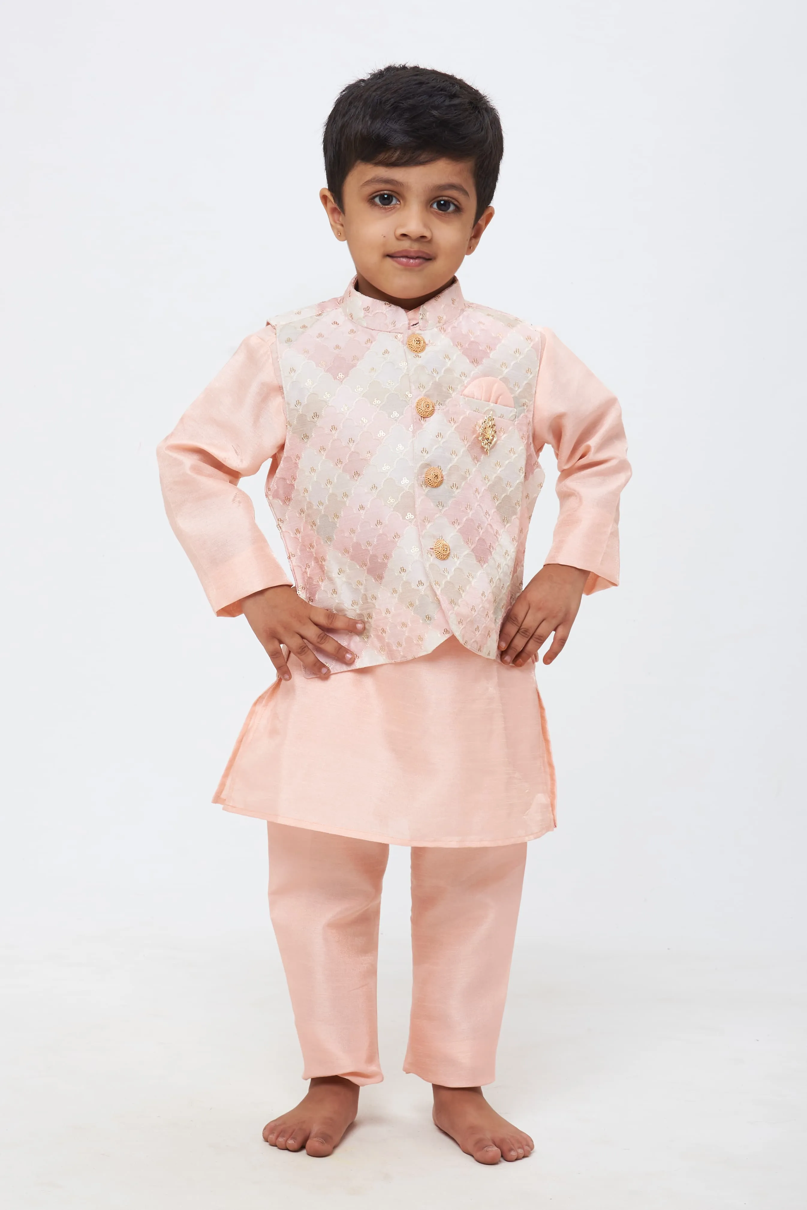 APS. Blush Elegance: Boys Soft Pink Kurta Shirt and Pant Set with Pastel Embroidered Overcoat