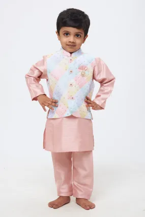 ATC. Pastel Symphony: Boys Pink Kurta Shirt and Pant Set with Multicolored Embroidered Overcoat