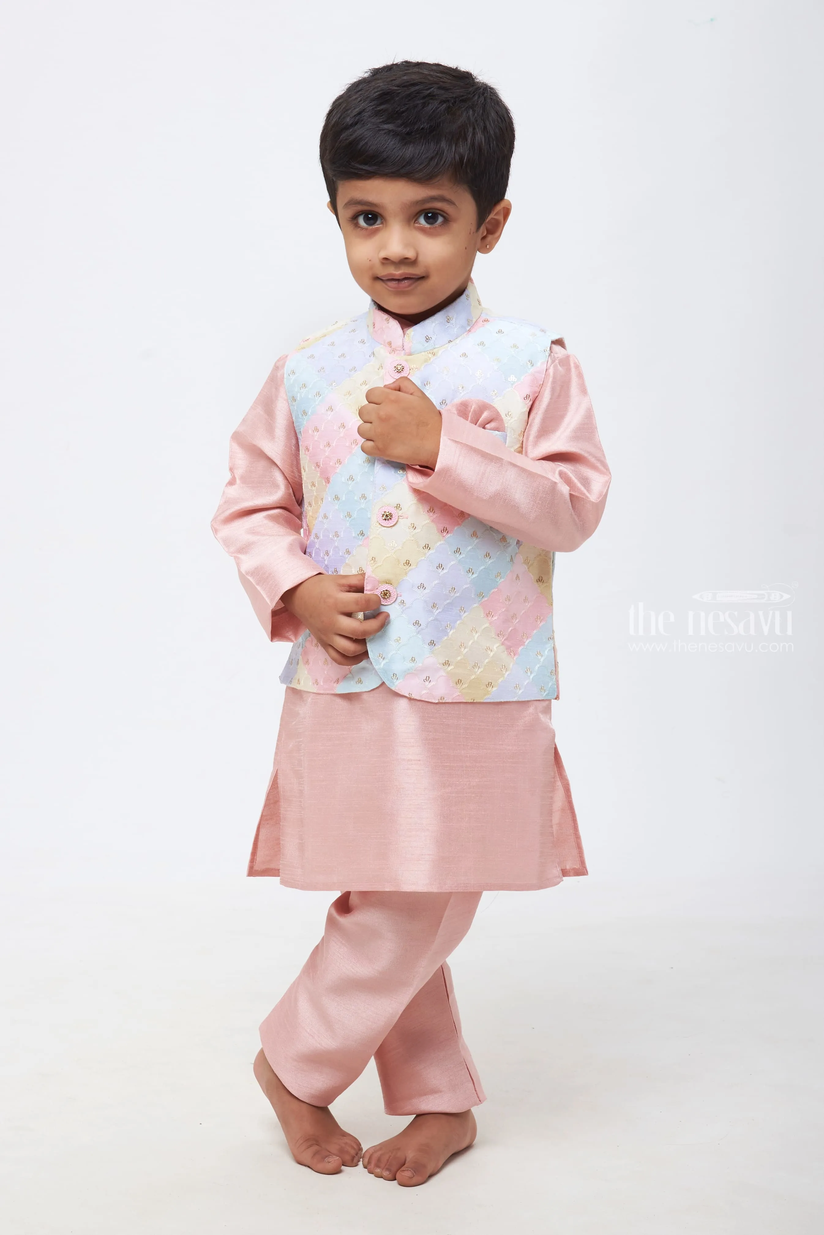 ATC. Pastel Symphony: Boys Pink Kurta Shirt and Pant Set with Multicolored Embroidered Overcoat