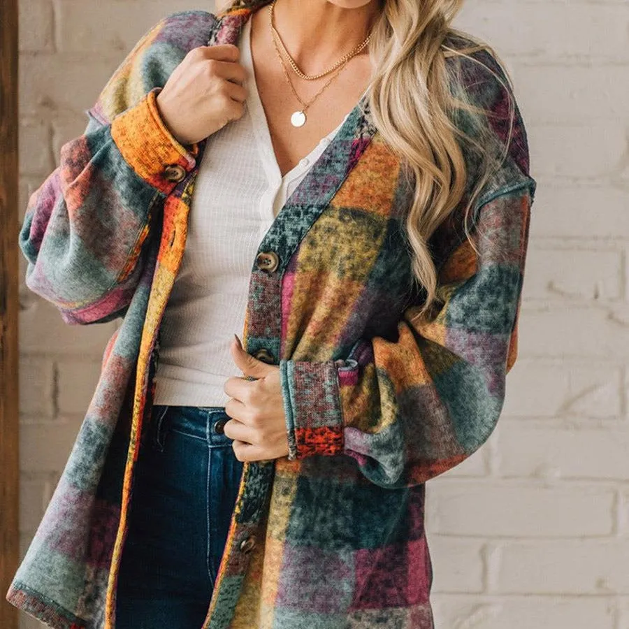 Autumn New Fleece Warm Jacket for Women Multi-color Plaid Loose Jacket