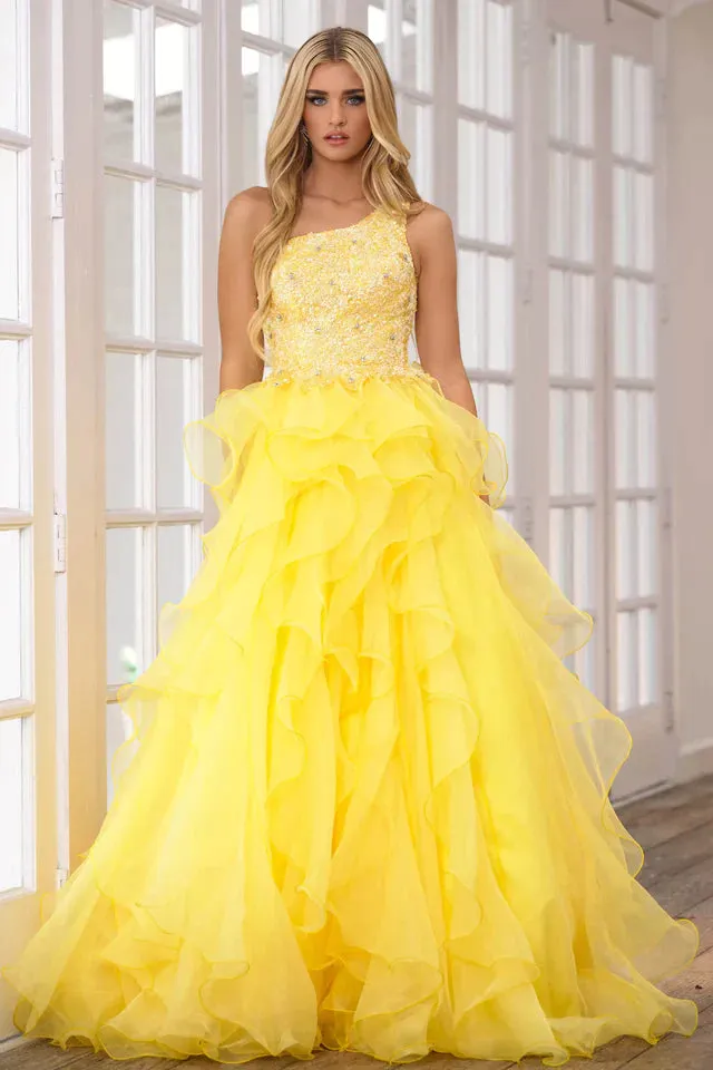 Ava Presley 28576 Size 2 Yellow Long Prom Dress One Shoulder Sequin Bodice  Layered Organza Skirt Formal Pageant Gown