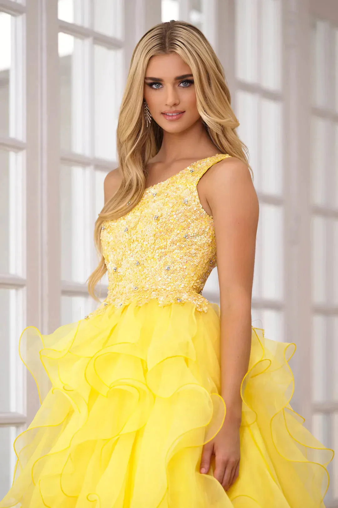 Ava Presley 28576 Size 2 Yellow Long Prom Dress One Shoulder Sequin Bodice  Layered Organza Skirt Formal Pageant Gown