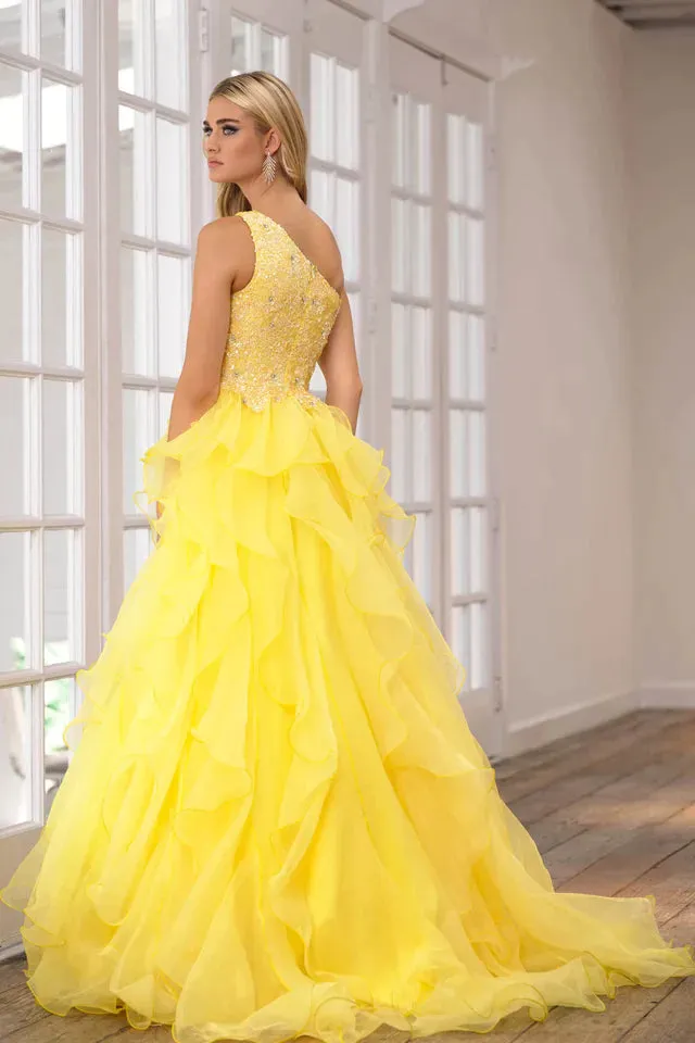 Ava Presley 28576 Size 2 Yellow Long Prom Dress One Shoulder Sequin Bodice  Layered Organza Skirt Formal Pageant Gown