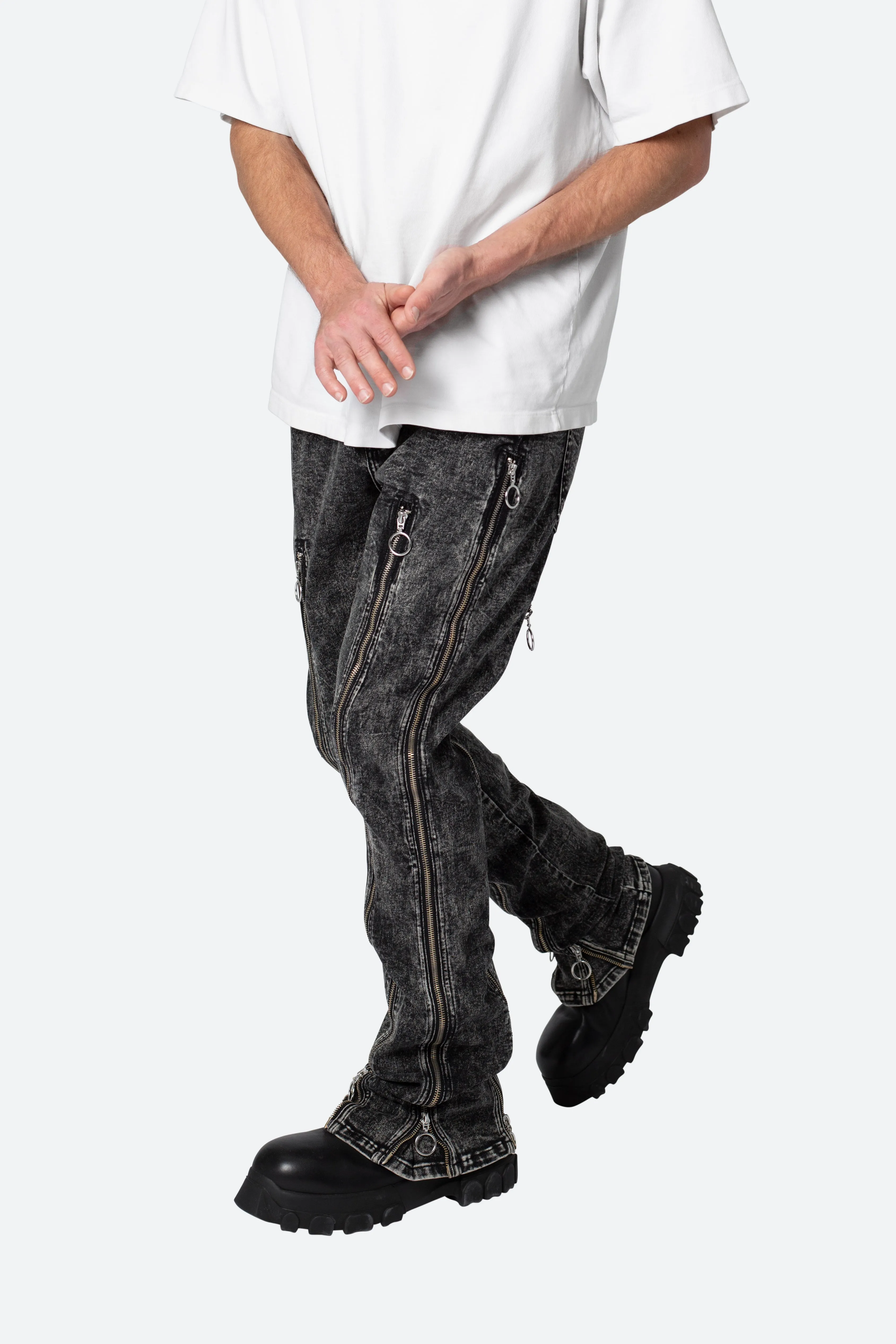 B571 Zipper Flare Pants - Washed Black