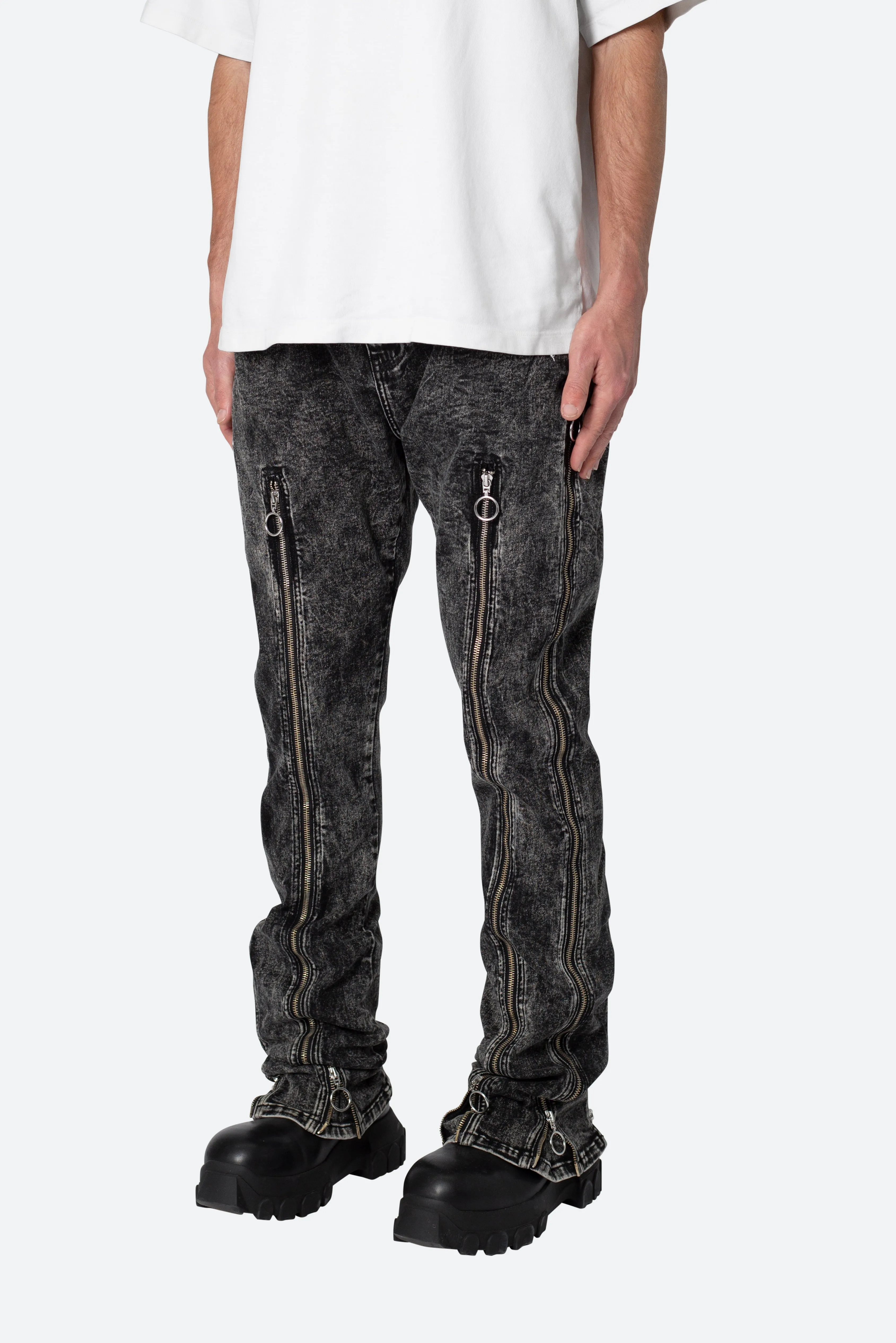 B571 Zipper Flare Pants - Washed Black