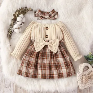 Baby Girl 95% Cotton Rib Knit Bow Front Long-sleeve Spliced Plaid Dress with Headband Set Soft and Comfortable 2pcs