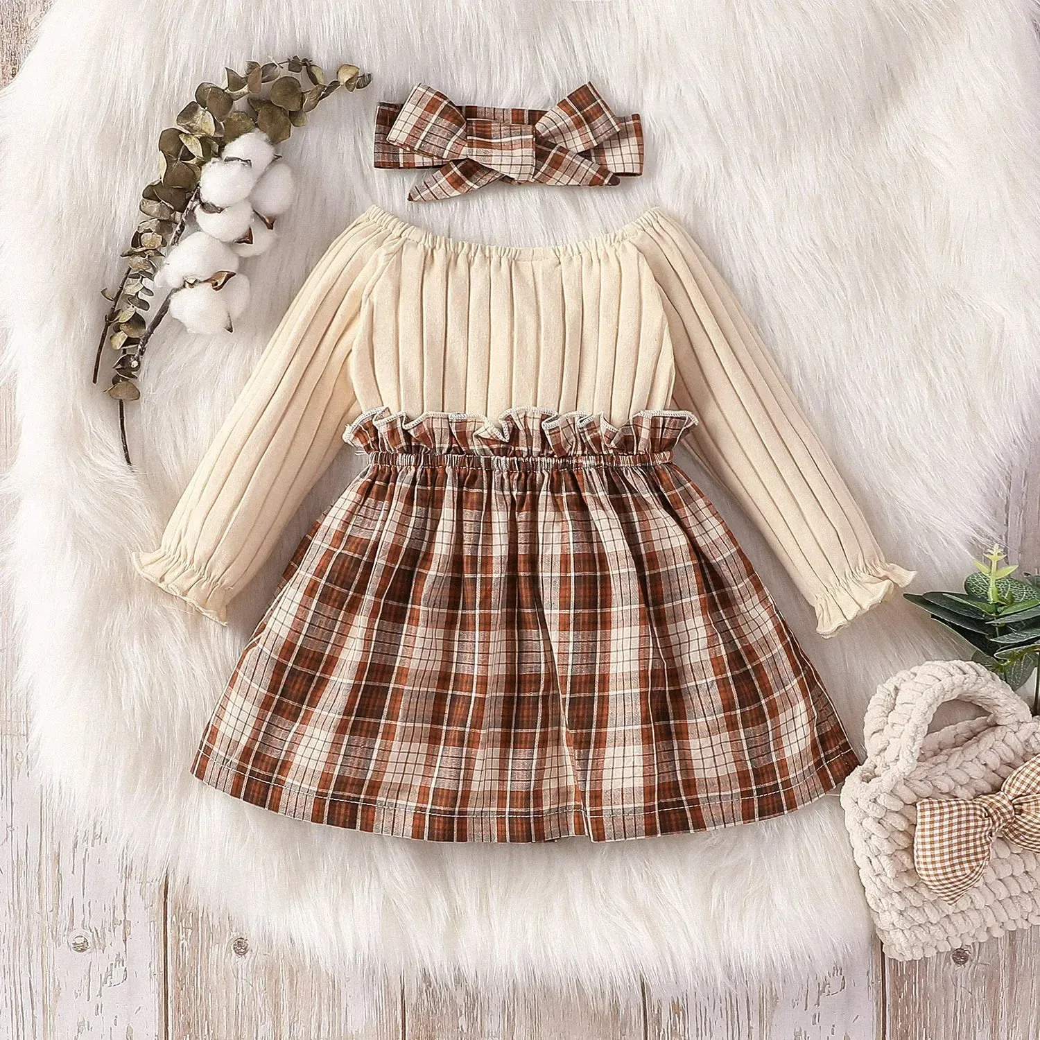 Baby Girl 95% Cotton Rib Knit Bow Front Long-sleeve Spliced Plaid Dress with Headband Set Soft and Comfortable 2pcs