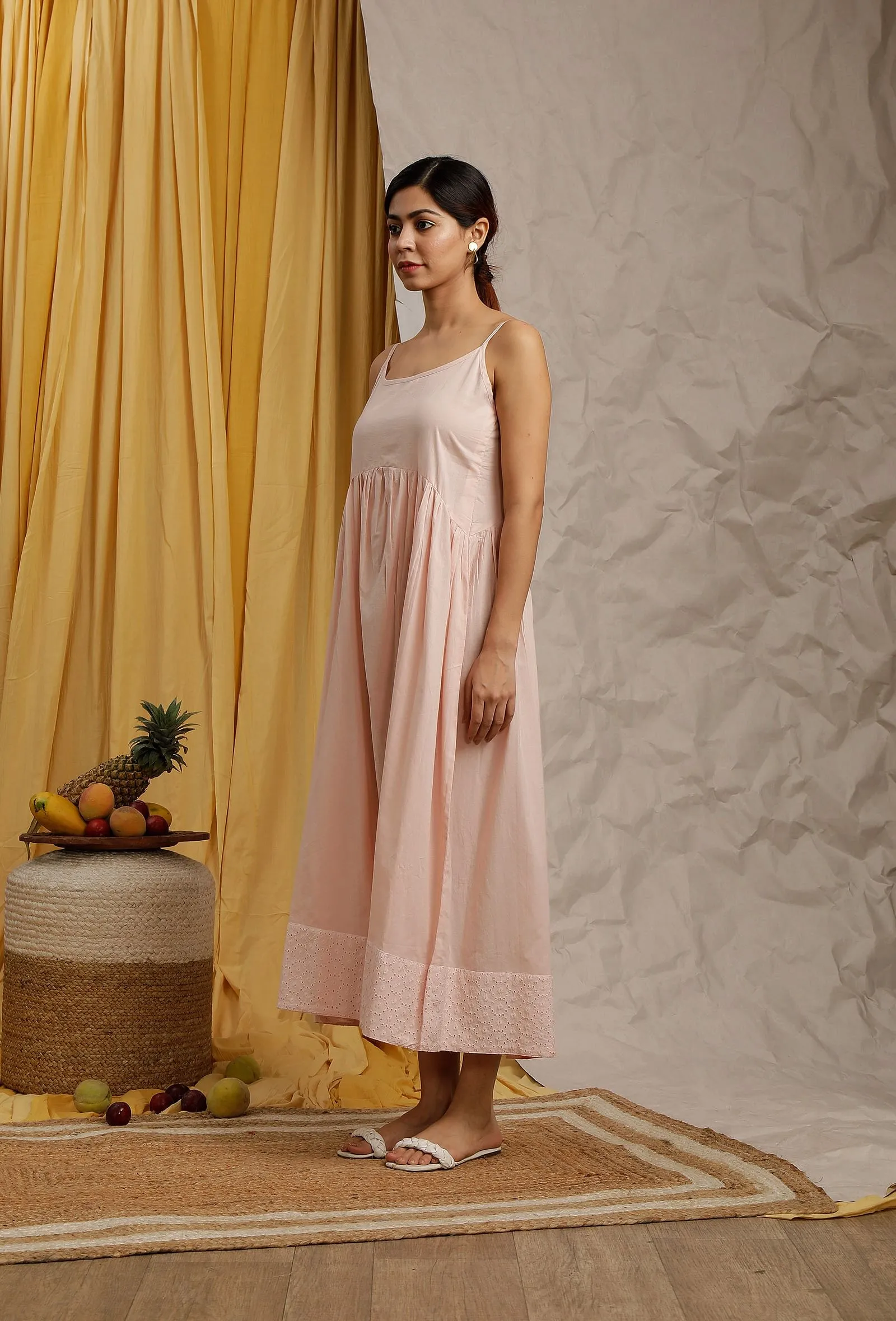 Baby Pink Cotton Schiffli Gathered Slip Dress