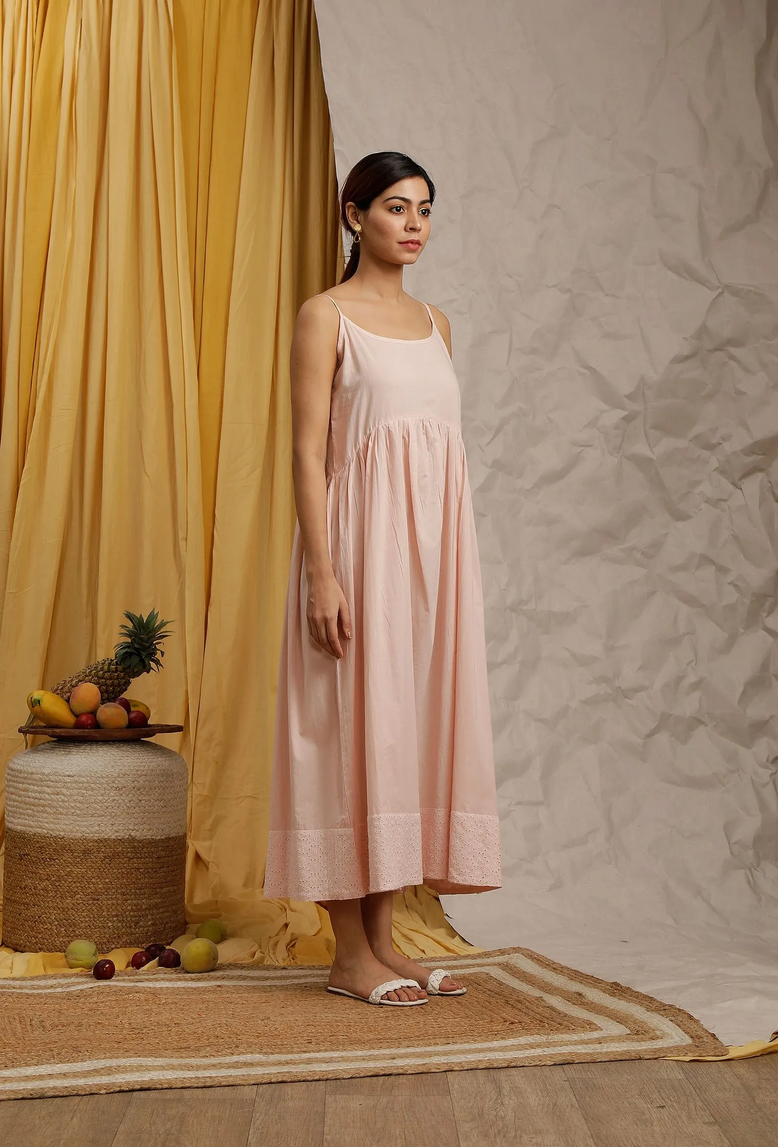 Baby Pink Cotton Schiffli Gathered Slip Dress