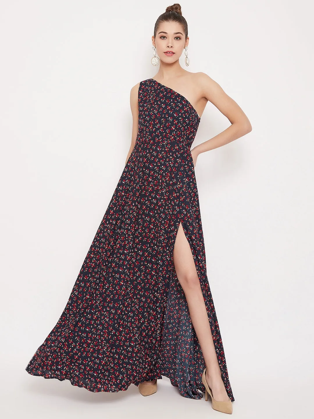 Berrylush Women Navy Blue Floral One Shoulder High Slit Maxi Dress