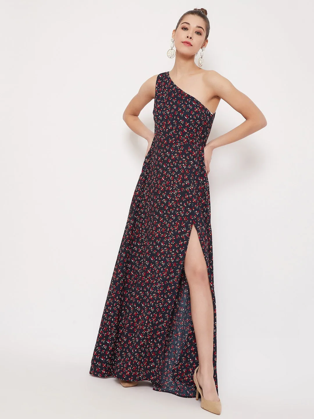 Berrylush Women Navy Blue Floral One Shoulder High Slit Maxi Dress