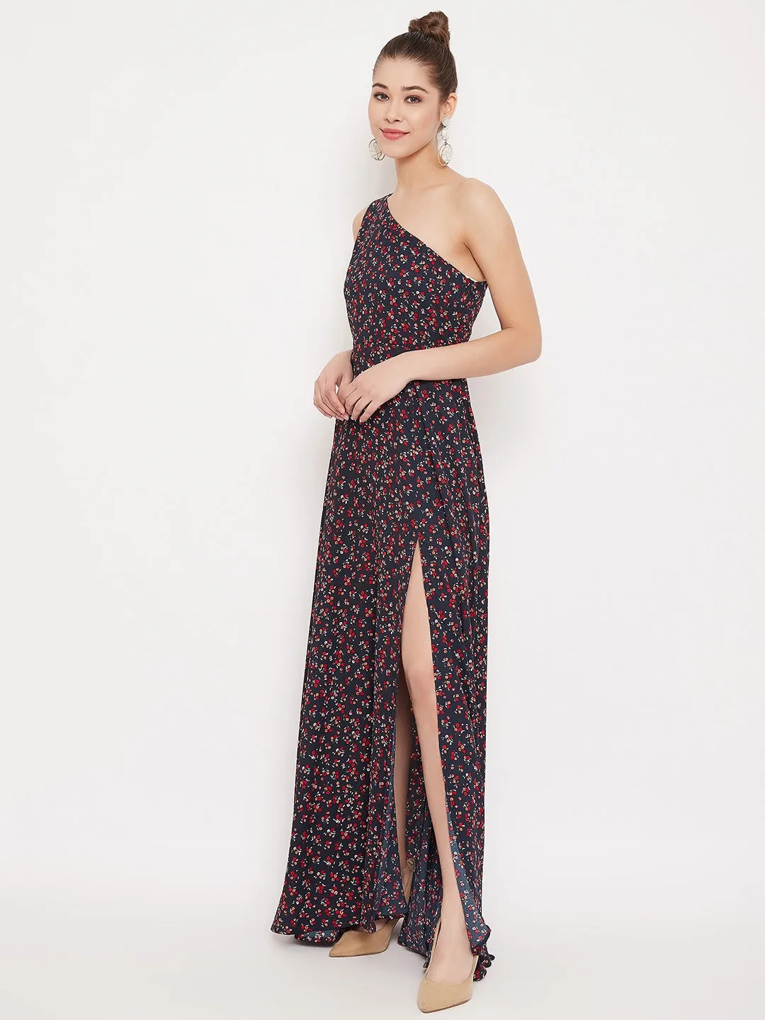 Berrylush Women Navy Blue Floral One Shoulder High Slit Maxi Dress