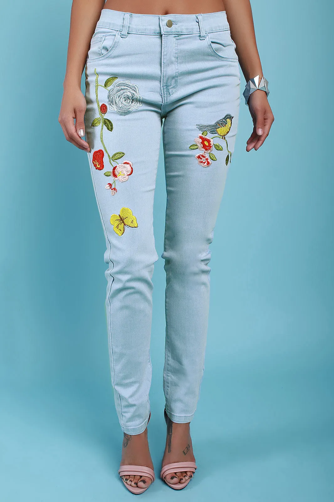 Bird And Butterfly Embroidered Denim Jeans