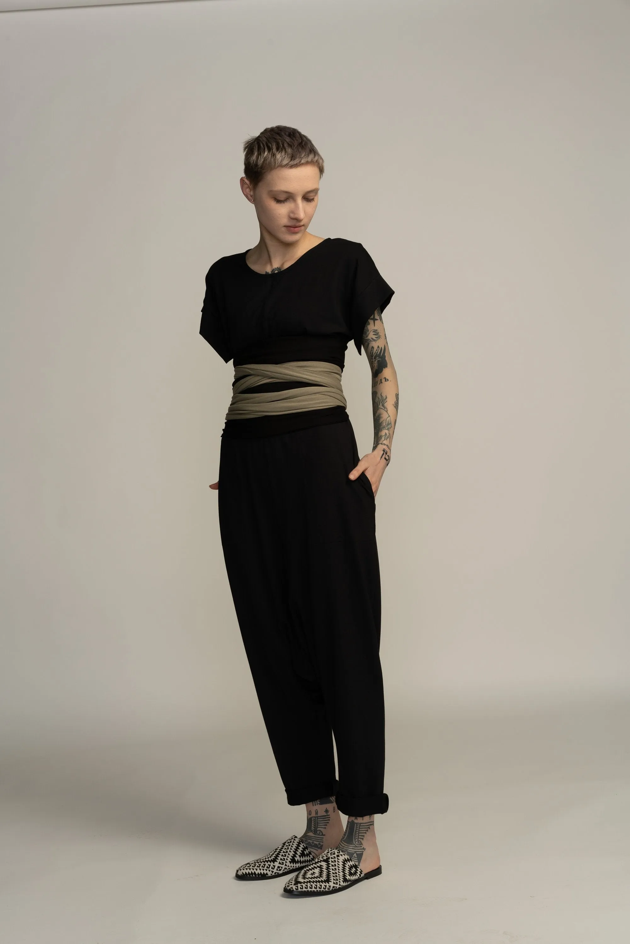 Black and Almond Green Wrap Obi Belt