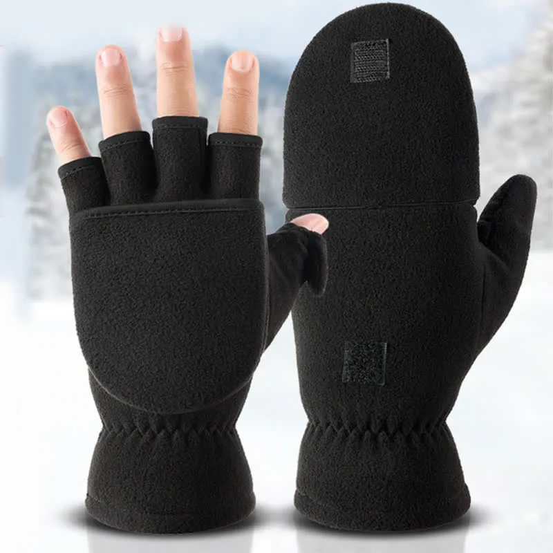 Black Convertible Flip Top Warm Mitten Gloves