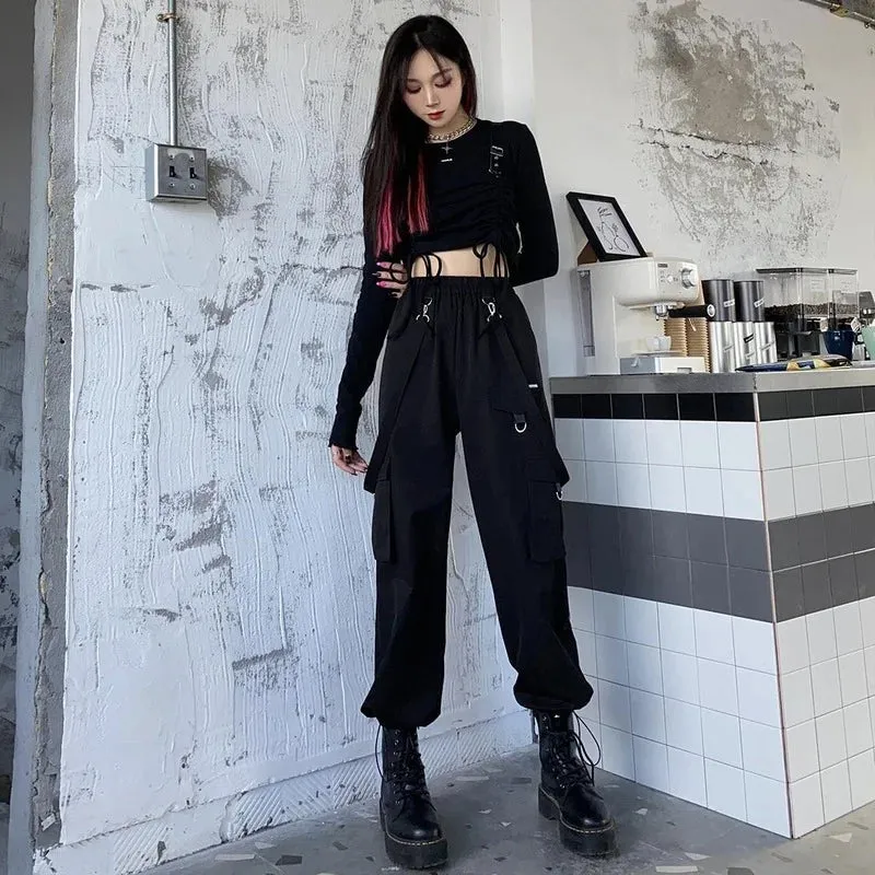 Black High Pants Streetwear Women Waist Gothic Techwear Cargo Pants