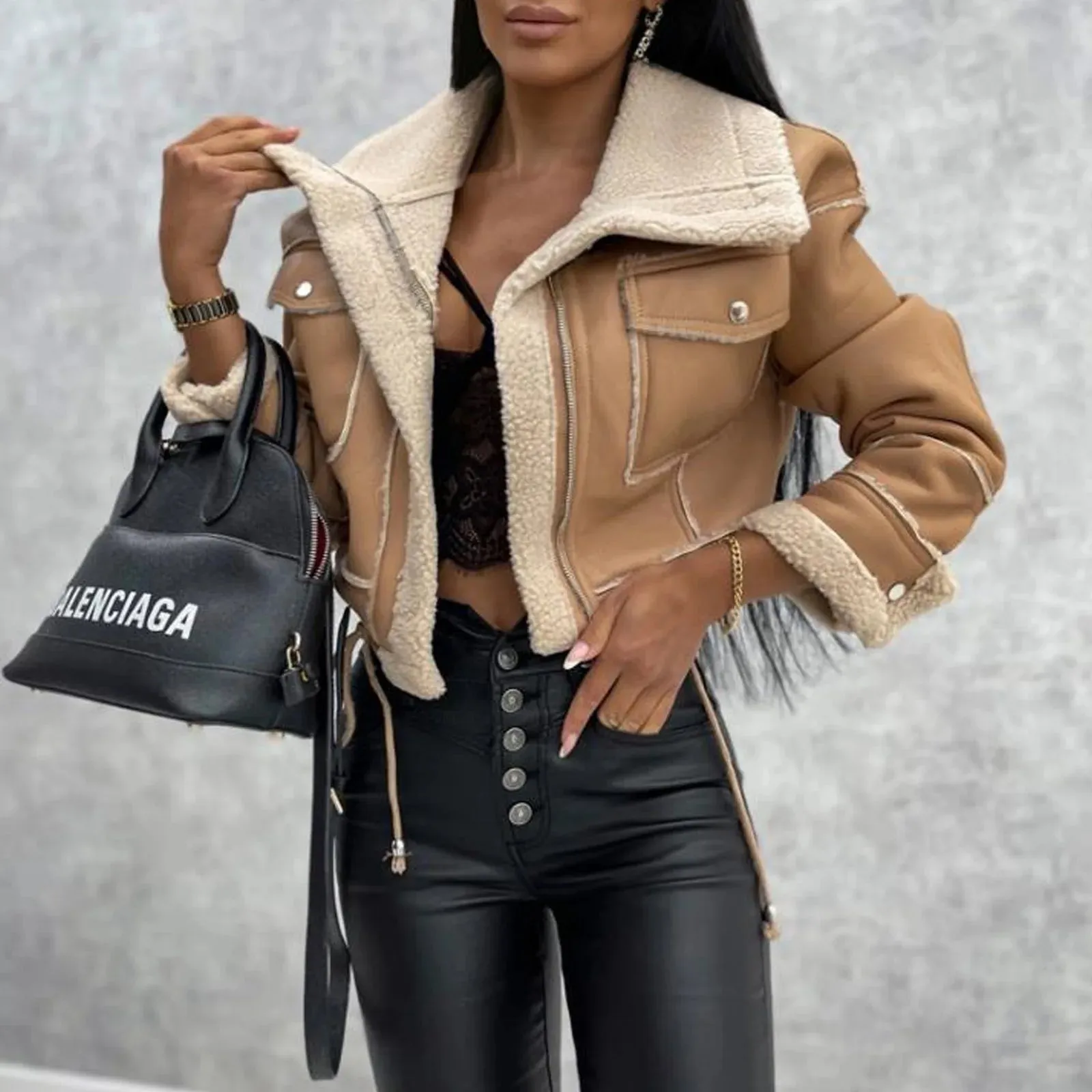 Black leather jacket made of sheepskin